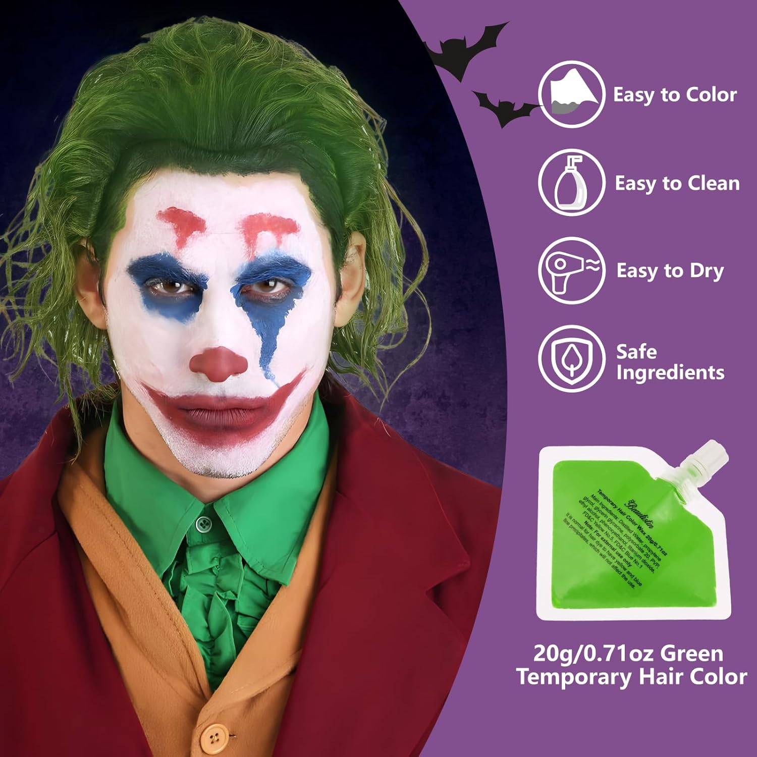 Halloween Joker Clown Makeup Kit - Joker Make Up Kit Includes White Red Black Blue Oil Based Face Body Paint and 20g Green Temporary Hair Color Wax, Powder Puff and 3 Blue Brushes, for Joker Cosplay - Image 5