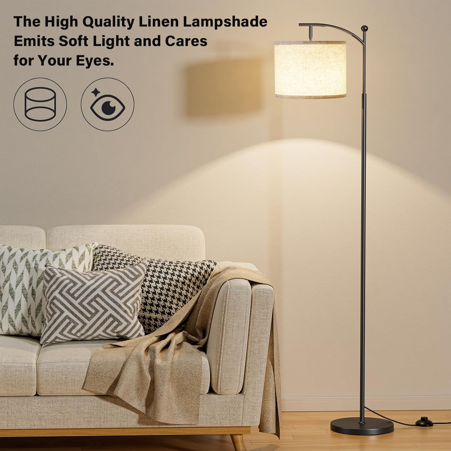 Ambimall 60" Floor Lamp with Remote Control and Stepless Dimmable Bulb, Colors Temperature & Brightness Adjustable, Modern Floor Lamps for Living Room(Beige Shade & Black Pole) - Image 7