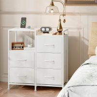 Somdot White Nightstand with Charging Station and LED Light, Wide 5 Drawers Dresser for Bedroom with Fabric Bins and Open Shelf for Bedroom Kids Closet Dorm Guest Room, White Leather - Image 8