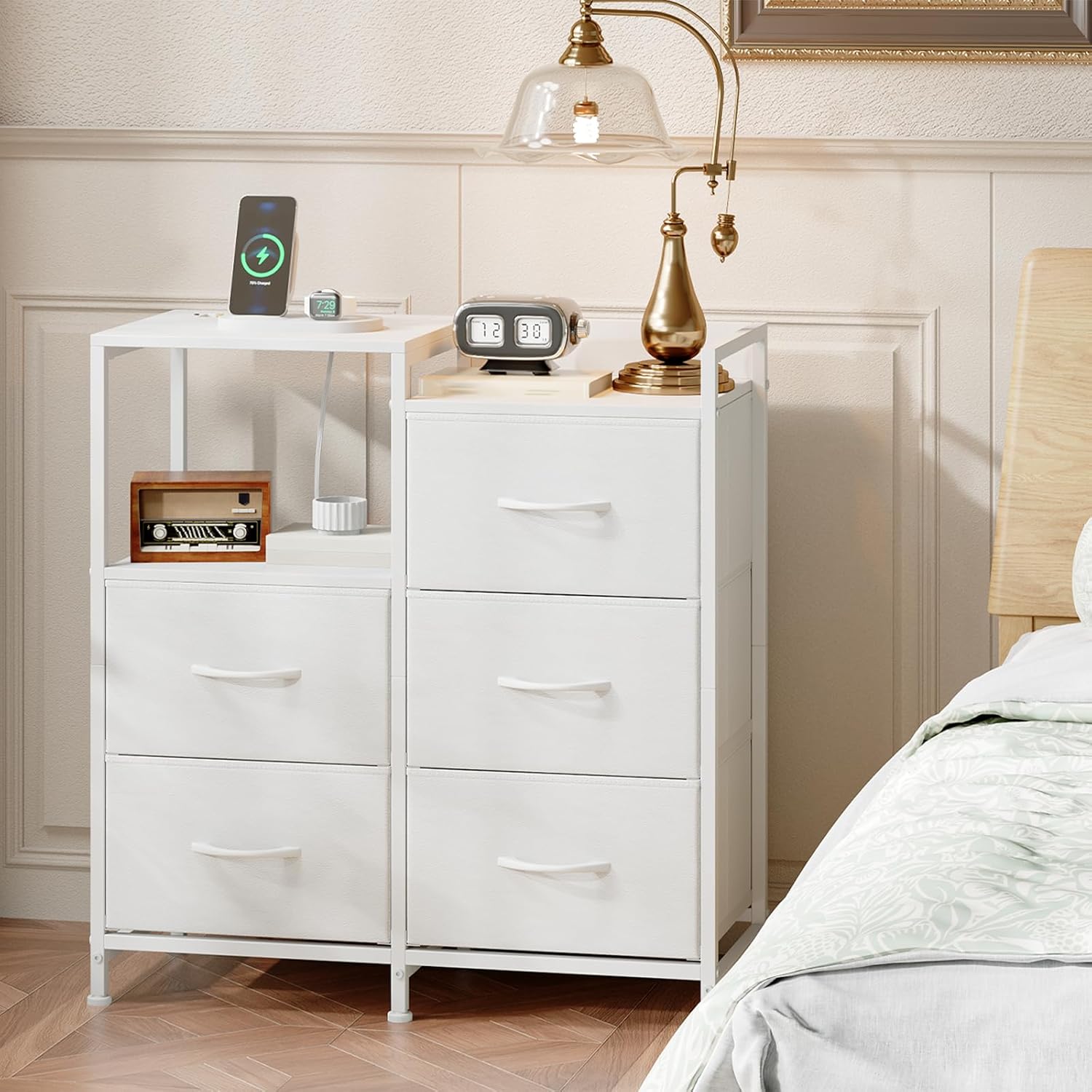 Somdot White Nightstand with Charging Station and LED Light, Wide 5 Drawers Dresser for Bedroom with Fabric Bins and Open Shelf for Bedroom Kids Closet Dorm Guest Room, White Leather - Image 8