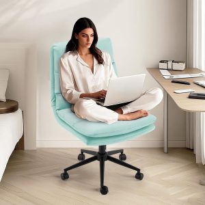 Esright Criss Cross Chair with Wheels Thick Cusion, 18" High Back Cross Legged Office Chair Comfty Office Chair with Extra Wide Seat 360°Swivel Adjustable Cute Compute Chair Premium Leather Green