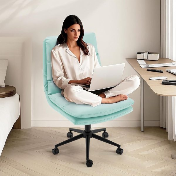 Esright Criss Cross Chair with Wheels Thick Cusion, 18" High Back Cross Legged Office Chair Comfty Office Chair with Extra Wide Seat 360°Swivel Adjustable Cute Compute Chair Premium Leather Green