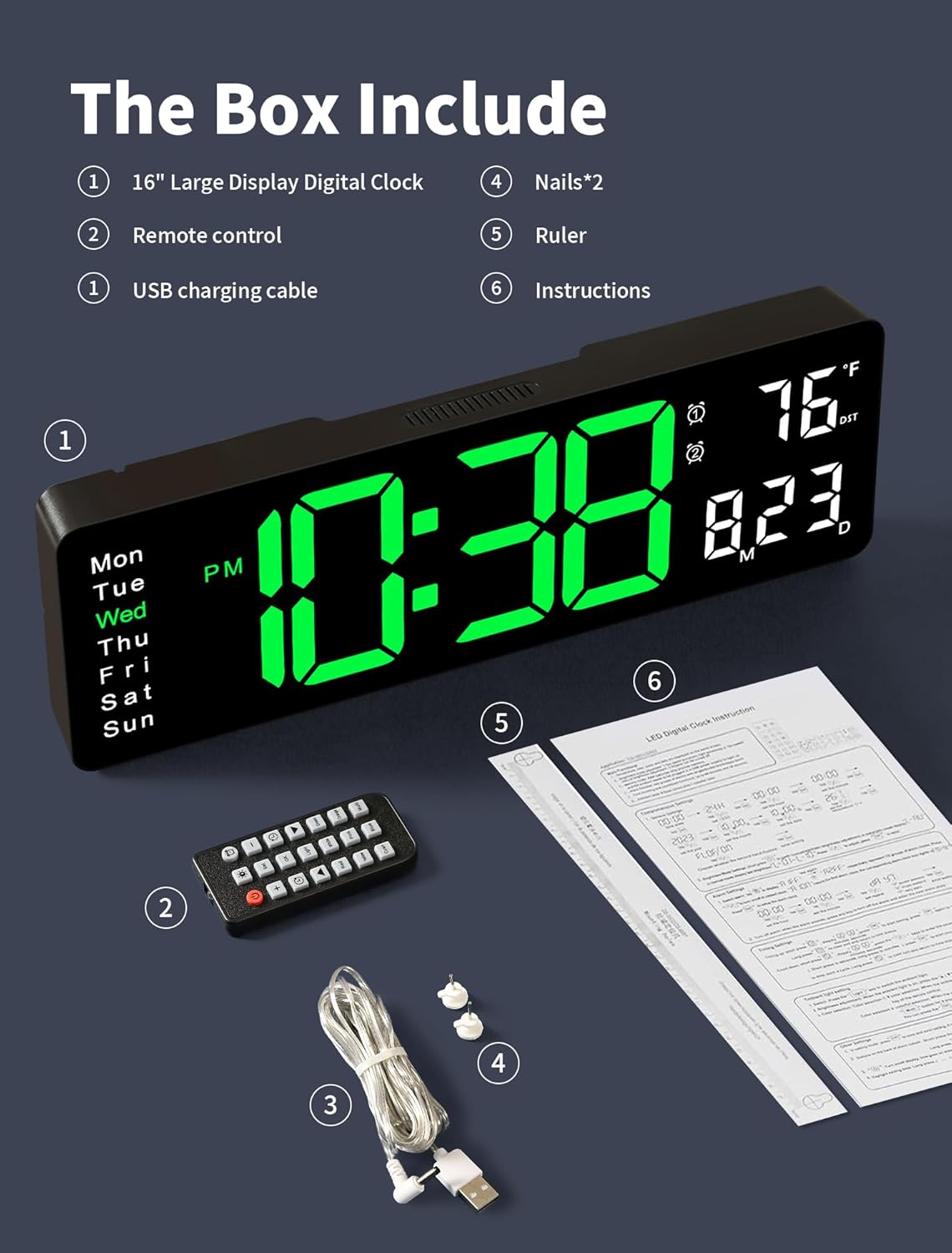 MASHI Digital Wall Clock, 16" Large Display Digital Clock with Remote Control, Auto-Dimming Wall Clock with Night Light, DST, Date Week,Temp for Living Room, Bedroom, Decor, Gift for Elderly - Image 7
