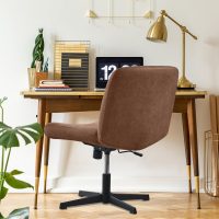 FUANGUI Criss Cross Chair Cover, Faux Leather Looking Stretch Mid Back Wide Armless Accent Chair Slipcover, Exquisite Vanity Chair Cover for Dorm Home Desk Office Chair - Camel - Image 2