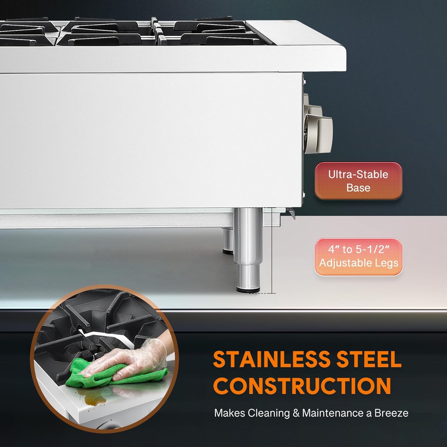 WILPREP Countertop Gas Range, 4 Burner Commercial Hot Plate with Total 100000 BTU, 24" Natural Gas Range with Propane Conversion Kit Grates, Stainless Steel Gas Stove for Restaurant Kitchen, silver - Image 7