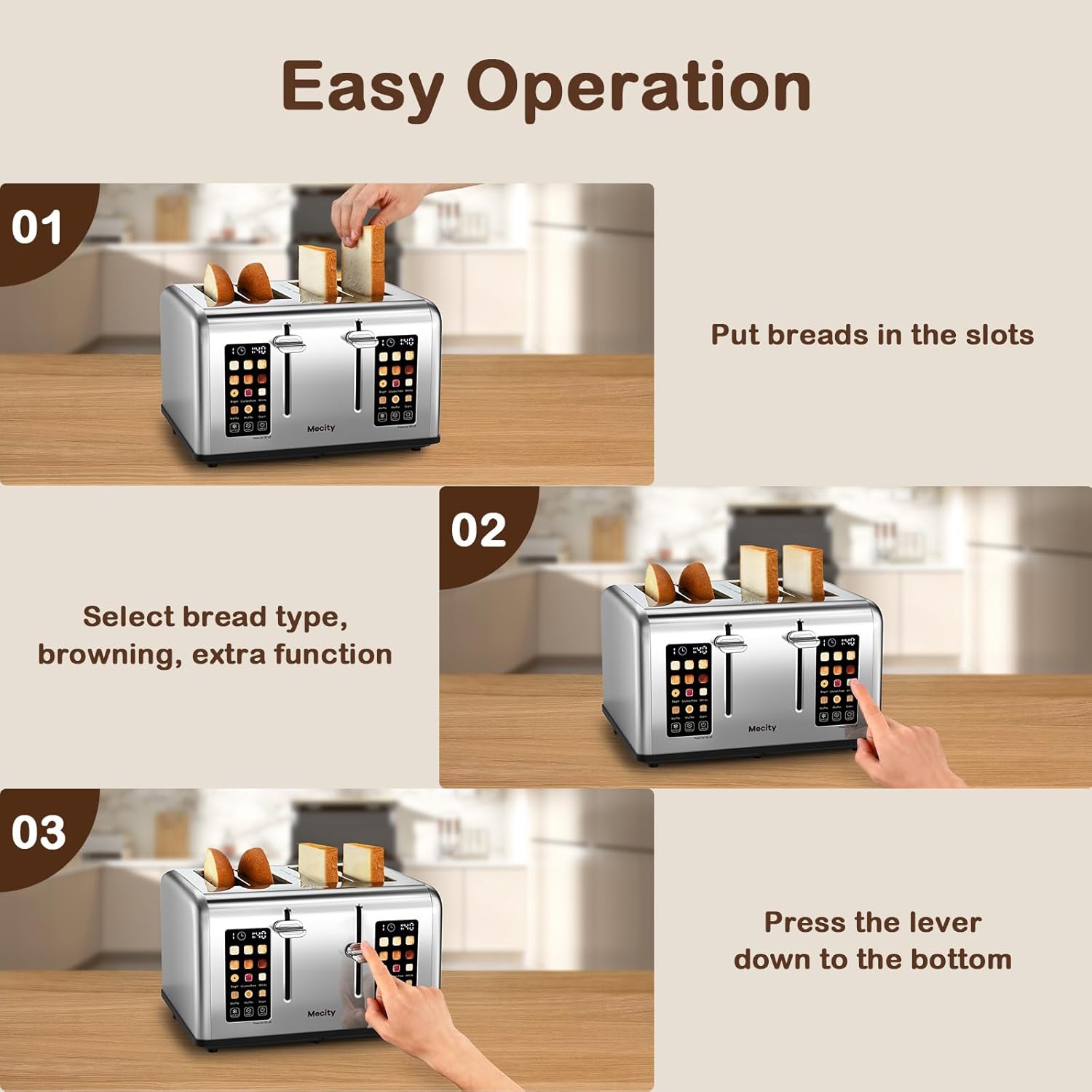 Mecity 4 Slice Toaster with Touch Screen Control, 4 Wide Slots, Stainless Steel Smart Bread Toaster for Bagels, Muffins, Waffles, Dual Control Panel, Timer, Defrost, Reheat, 120V 1650W - Image 6