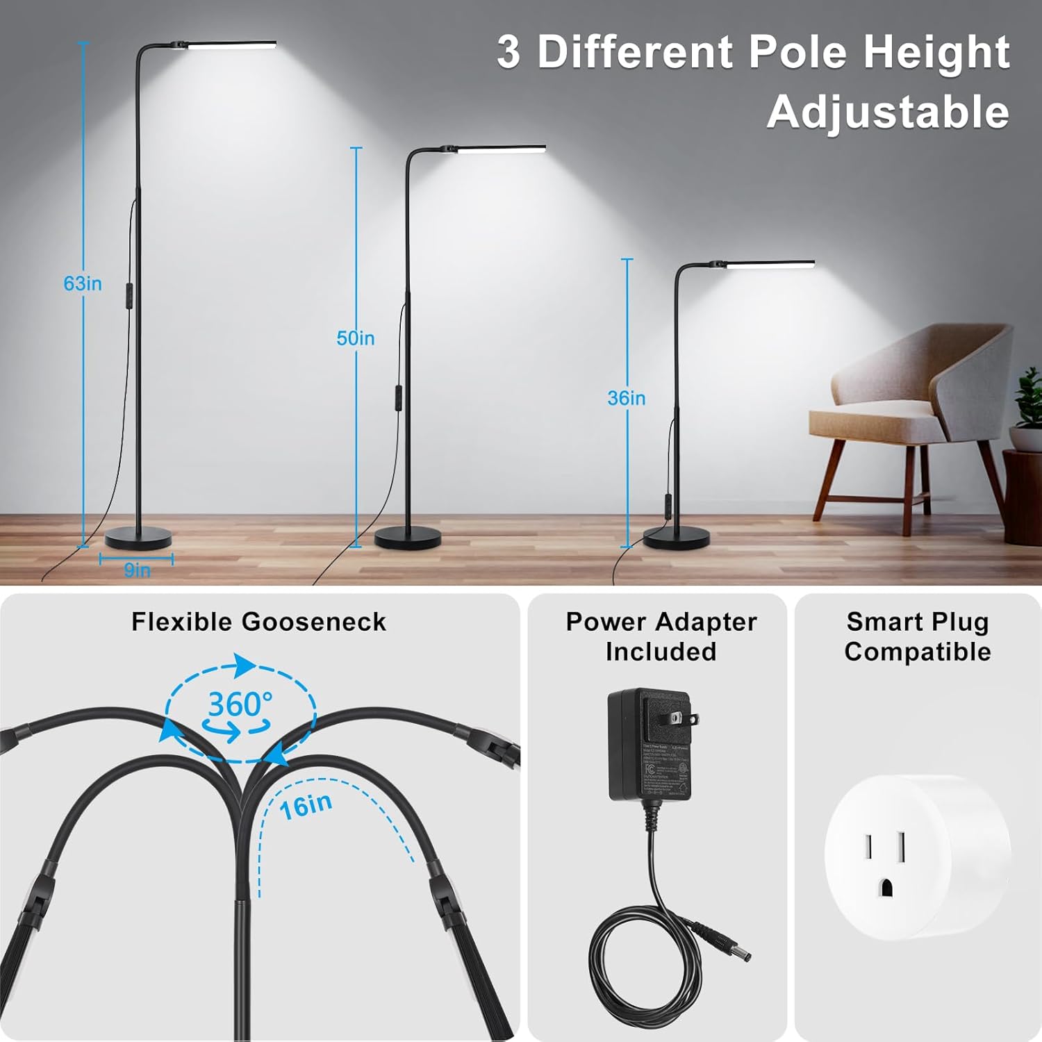 LED Floor Lamp, 15W/1800LM Bright Reading Floor Lamp for Office with Double Head, Adjustable Gooseneck Dimmable Modern Standing Light for Lash Extension Craft, Eye Caring Floor Lamps for Living Room - Image 4