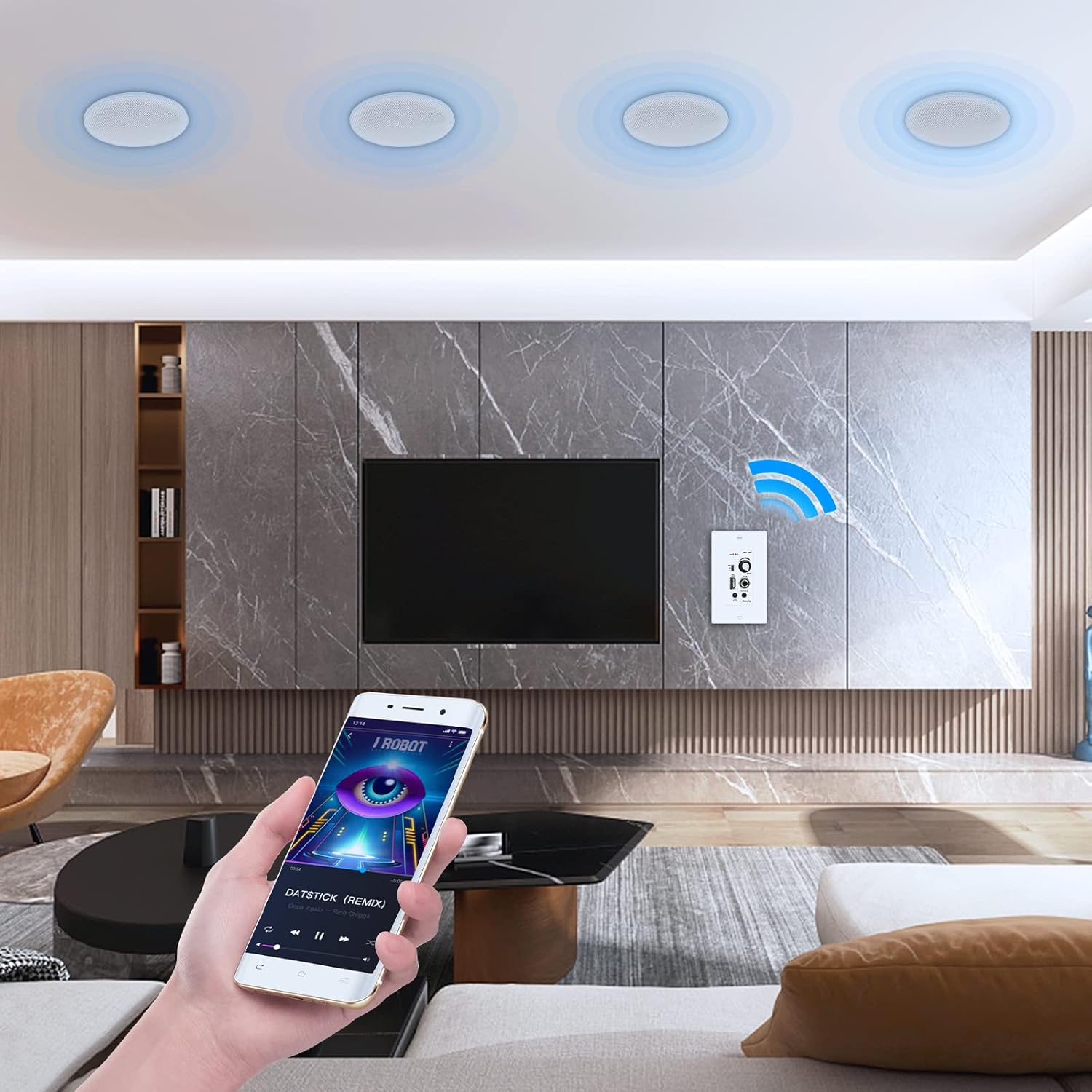 Herdio 6.5'' Bluetooth in Wall in Ceiling Speakers 600W 2-Way Flush Mount Speakers System with Wall Amplifier Receiver for Home Theater Office Bathroom(2Pairs, Paintable-Grille) - Image 2
