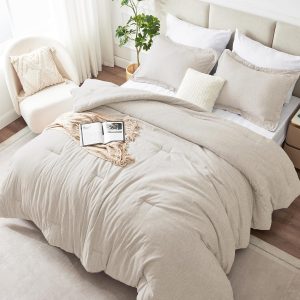 CozyLux King Size Comforter Set - 3 Pieces Beige Soft Luxury Cationic Dyeing Bedding Comforter for All Season, Breathable Lightweight Fluffy Boho Bed Sets with 1 Comforter and 2 Pillow Shams