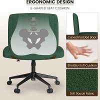 Boucle Criss Cross Chair with Wheels – Wide Armless Office Desk Chair, Ergonomic, Height Adjustment, Adjustable Swivel Vanity Chair, Comfy Fabric Computer Task Chair for Home (Boucle, Green) - Image 6