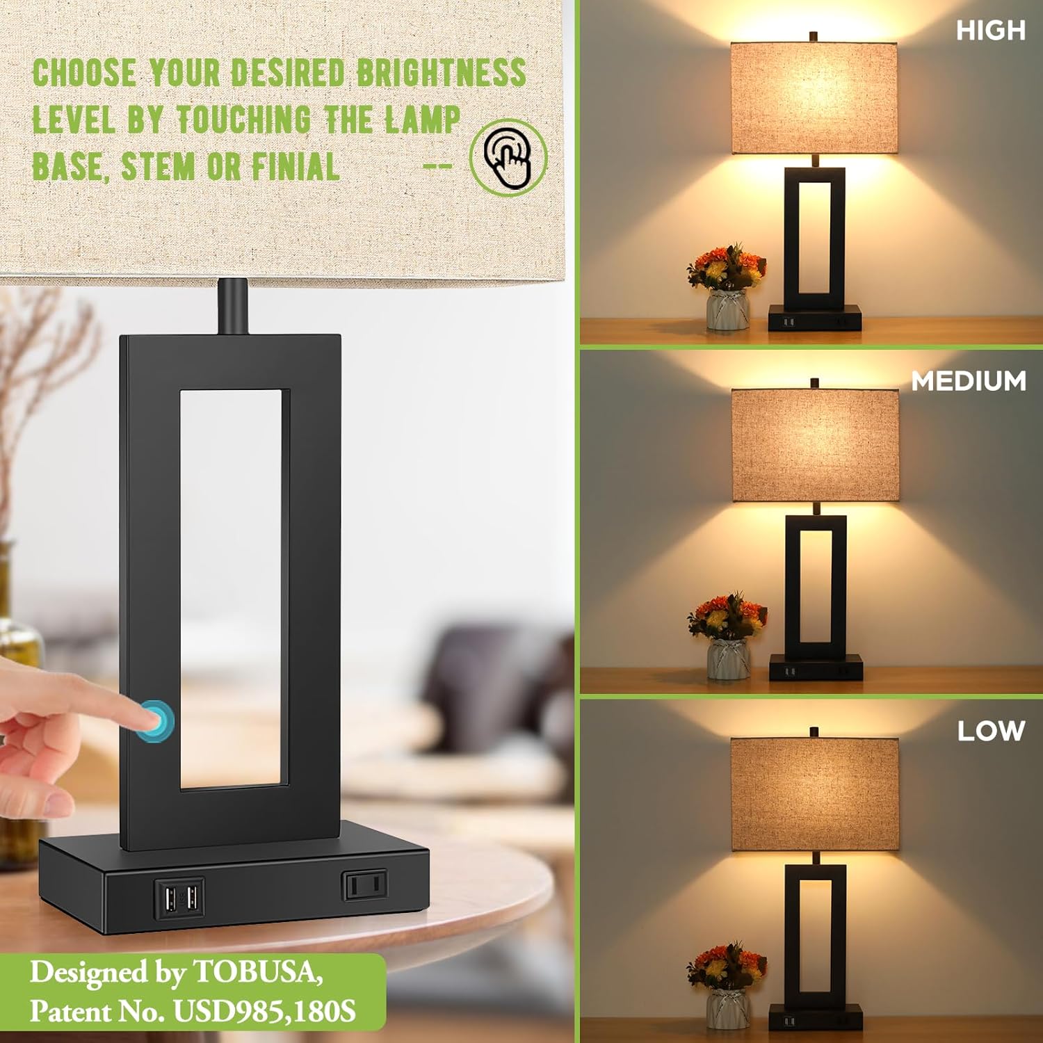 Set of 2 Touch Control Table Lamp with 2 USB Ports, 3-Way Dimmable Modern Nightstand Lamp Sets Bedside Touch Desk Lamp with Fabric Cream Shade for Bedroom Table Living Room Reading, Included Bulbs - Image 6