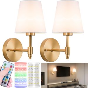 Battery Operated Wall Sconces Set of Two, Wireless Battery Wall Light with 10000mAh RGB Dimmable Magnetic Bulb, Rechargeable Wall Sconce with Remote for Bedroom, No Electrician Required
