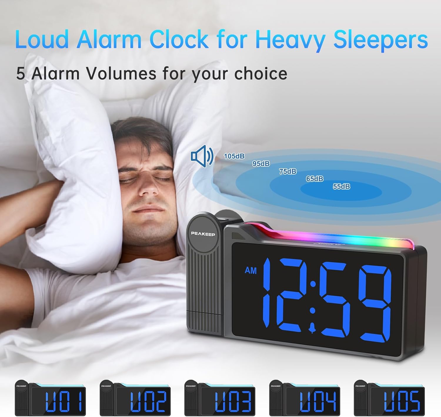 Peakeep Projection Alarm Clock for Bedroom Ceiling 180° Rotatable, Loud for Heavy Sleepers, Colorful Nightlight, 5 Brightness Dimmable Large Number Bedside Electric LED Digital Clock with USB Port - Image 6