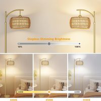 Arc Floor Lamp with 3 Color Temperatures, LED Gold Floor Lamp with Remote & Stepless Dimmable Bulb, Boho Standing Lamp with Rattan & Fabric Shades, Farmhouse Tall Lamp for Living Room Bedroom - Image 2