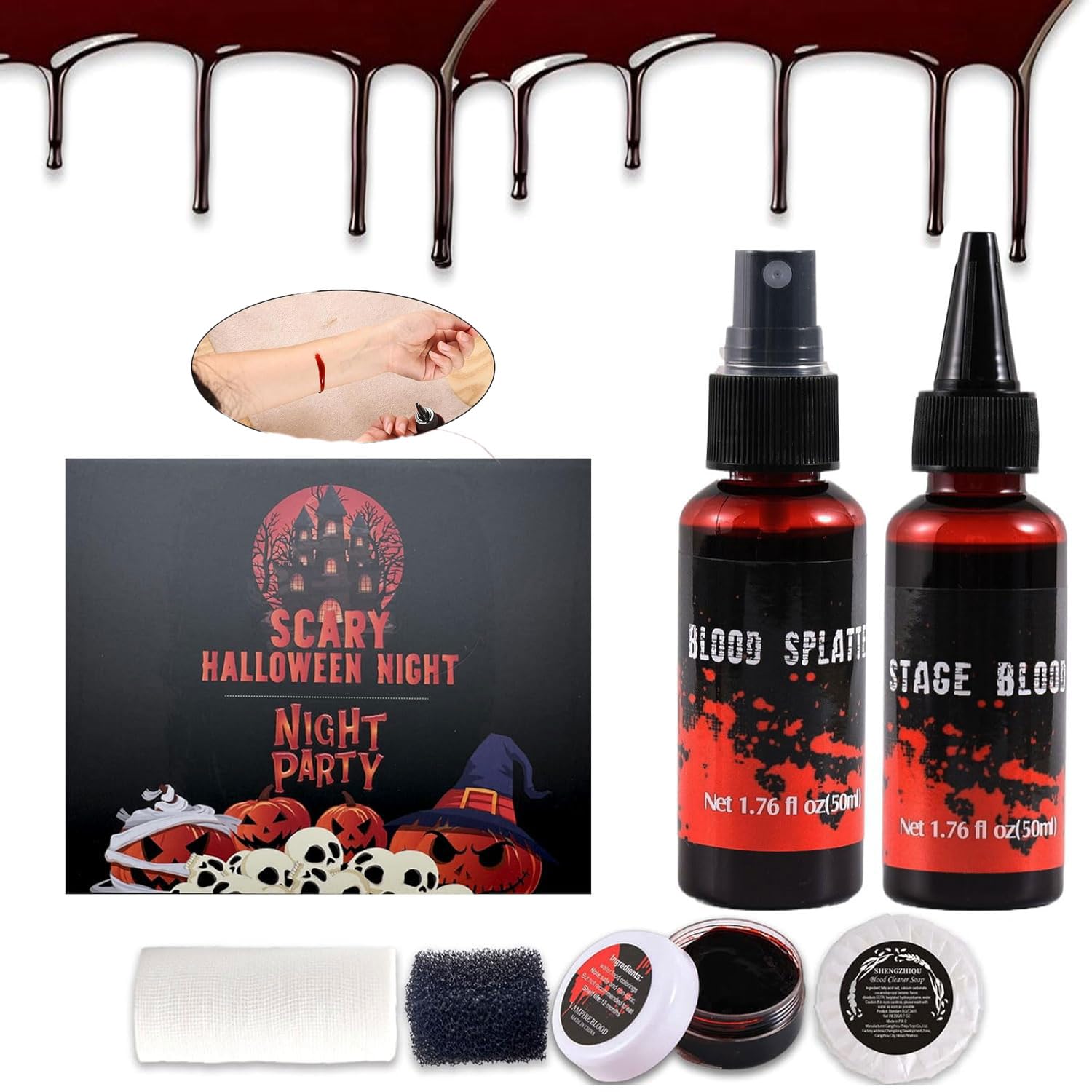 6PCS Halloween Fake Blood Makeup Kit,Washable for Scar Wound and Clothes Realistic Face Paint Wounds Costume Blood For Vampire, Zombie, Clown Cosplay Red,Stipple Sponge , Cleansing Soap and Gauze