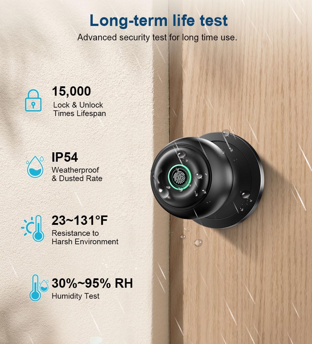 Fingerprint Door Lock, Smart Fingerprint Door Knob with Lock, Biometric Door knob with App Control & Key, Keyless Thumbprint Entry Door Lock for Bedroom, Front Door, Home, Apartment Office-Matte Black - Image 3