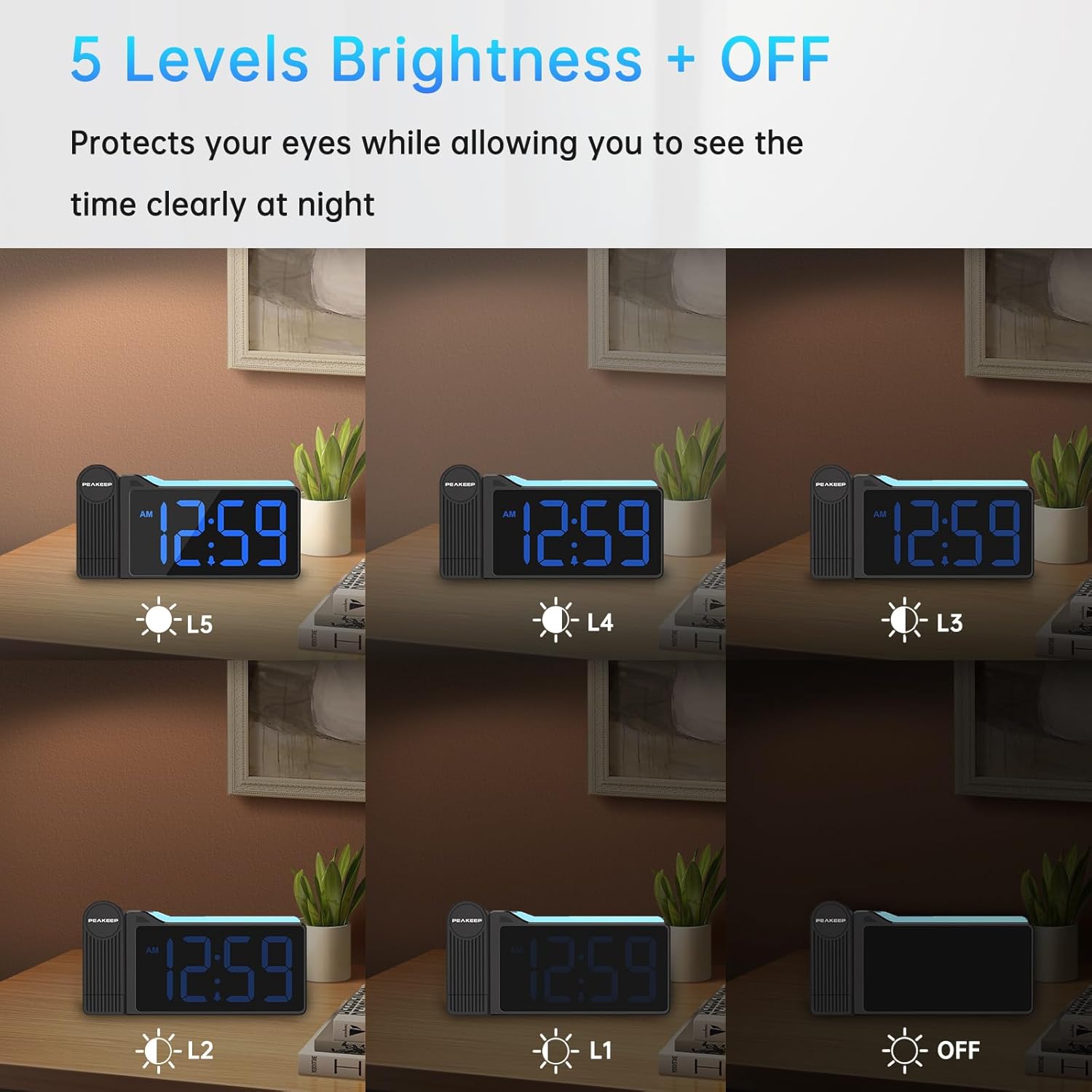 Peakeep Projection Alarm Clock for Bedroom Ceiling 180° Rotatable, Loud for Heavy Sleepers, Colorful Nightlight, 5 Brightness Dimmable Large Number Bedside Electric LED Digital Clock with USB Port - Image 5