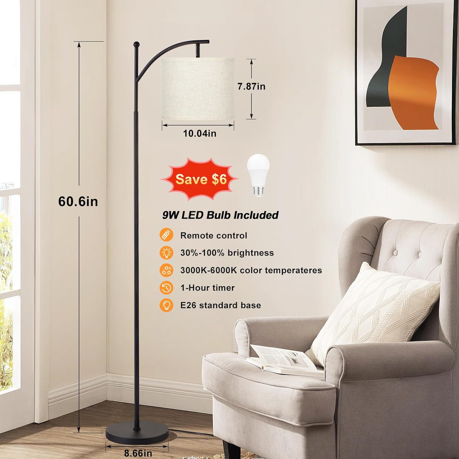Ambimall 60" Floor Lamp with Remote Control and Stepless Dimmable Bulb, Colors Temperature & Brightness Adjustable, Modern Floor Lamps for Living Room(Beige Shade & Black Pole) - Image 2
