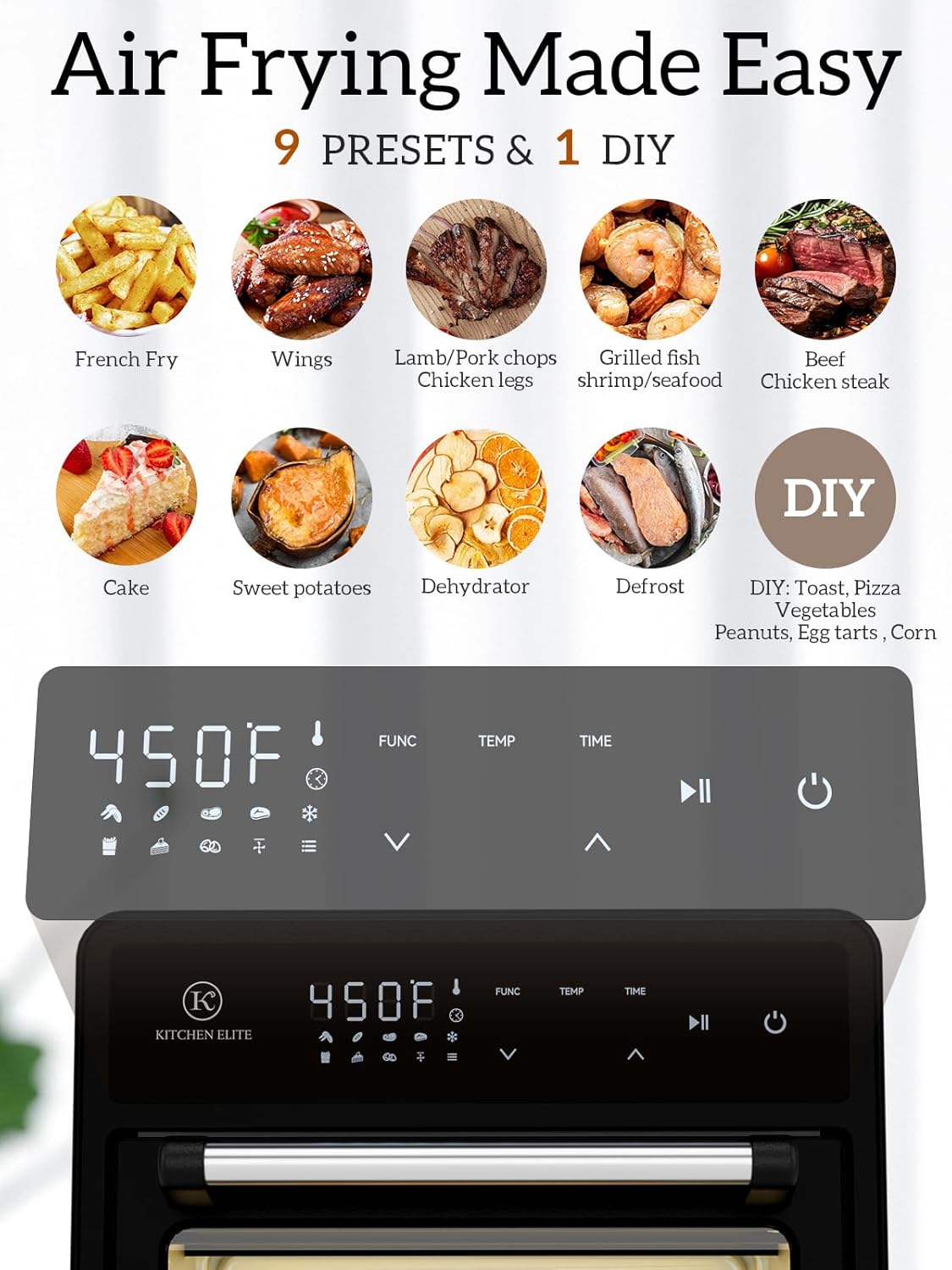 Kitchen Elite Air Fryer Toaster Oven Combo, 12.6 QT Stainless Steel Airfryer 10 in 1, Convection Oven Countertop 450°F, Non-Toxic for Bake, Roast, Reheat, Broiler, Dehydrate with Digital Touch Screen - Image 2