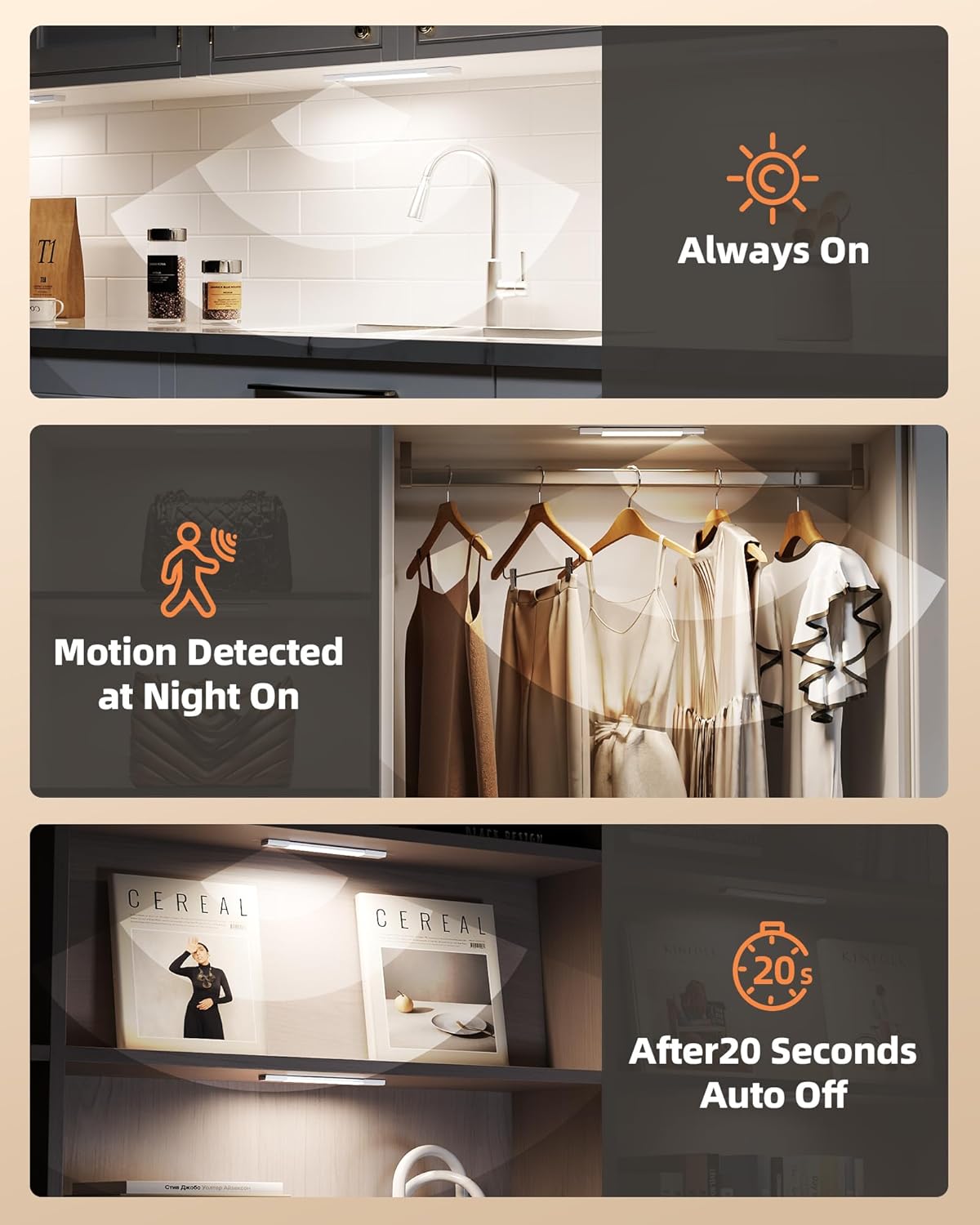 EZVALO Under Cabinet Lighting, Wireless Closet Lights, 50 LED Rechargeable Motion Sensor Light, Dimmable, 3 Color Temperatures, 11.8 inch Counter lights for Kitchen, Pantry, Bedroom, Wardrobe (3 Pack) - Image 3