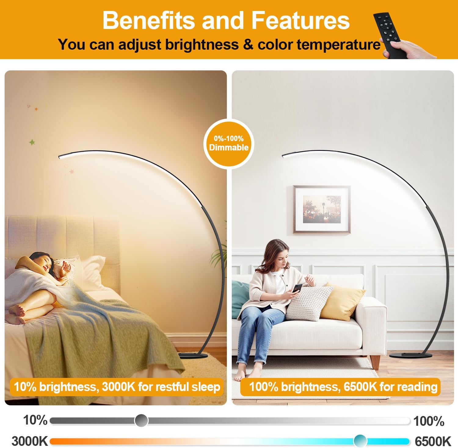 Dimmable LED Lamps for Living Room with 3 Color Temperatures, Ultra Bright 2000LM Arc Floor Lamps, Modern Standing Tall Lamp with Remote Control Reading Floor Lamp for Bedroom Office Classroom - Image 4