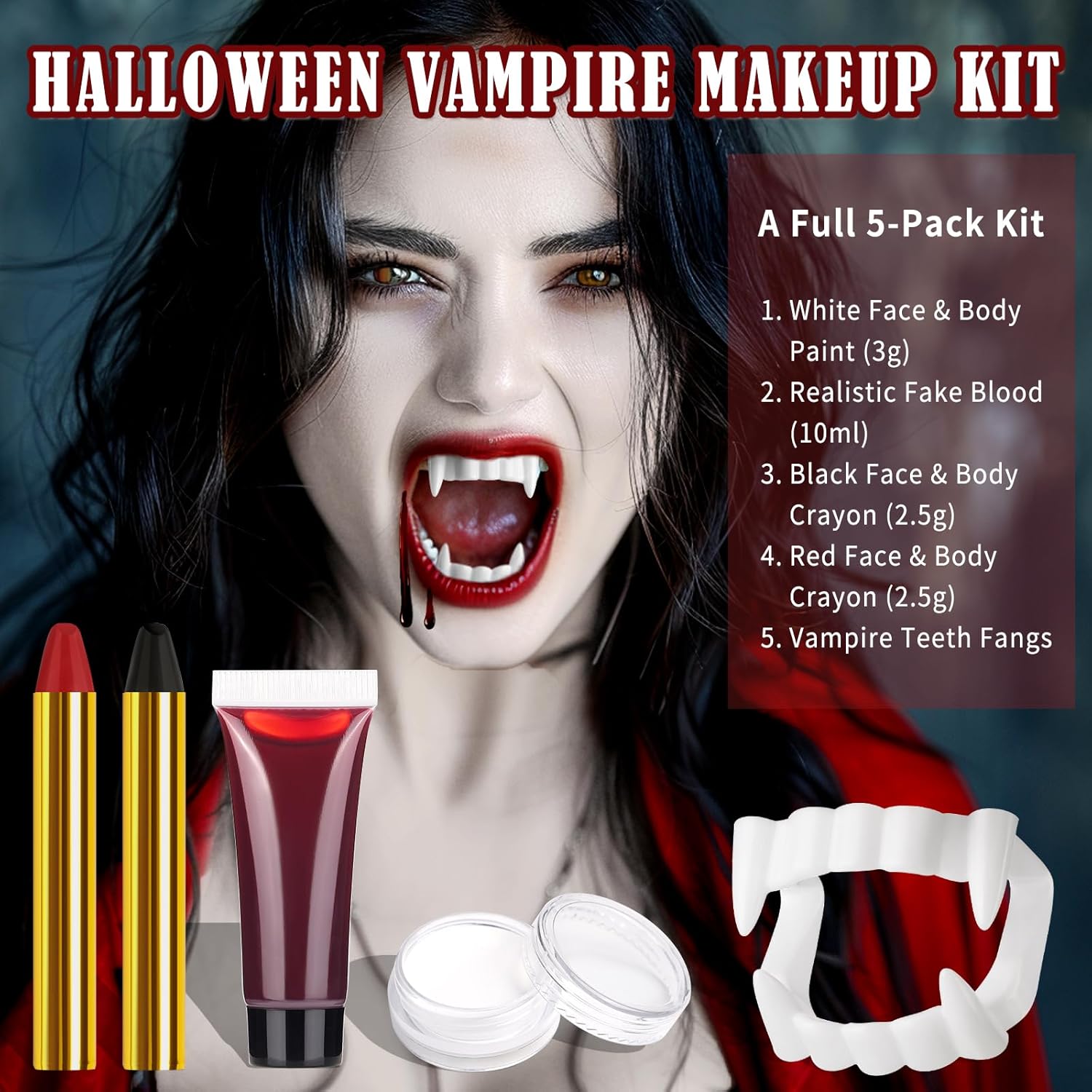BOBISUKA Halloween Vampire Makeup Kit with White Face & Body Paint, Fake Blood, Black and Red Face Paint Crayon and Fake Teeth SFX Makeup Set for Zombie Wounds Clown Cosplay Special Effects Makeup - Image 2