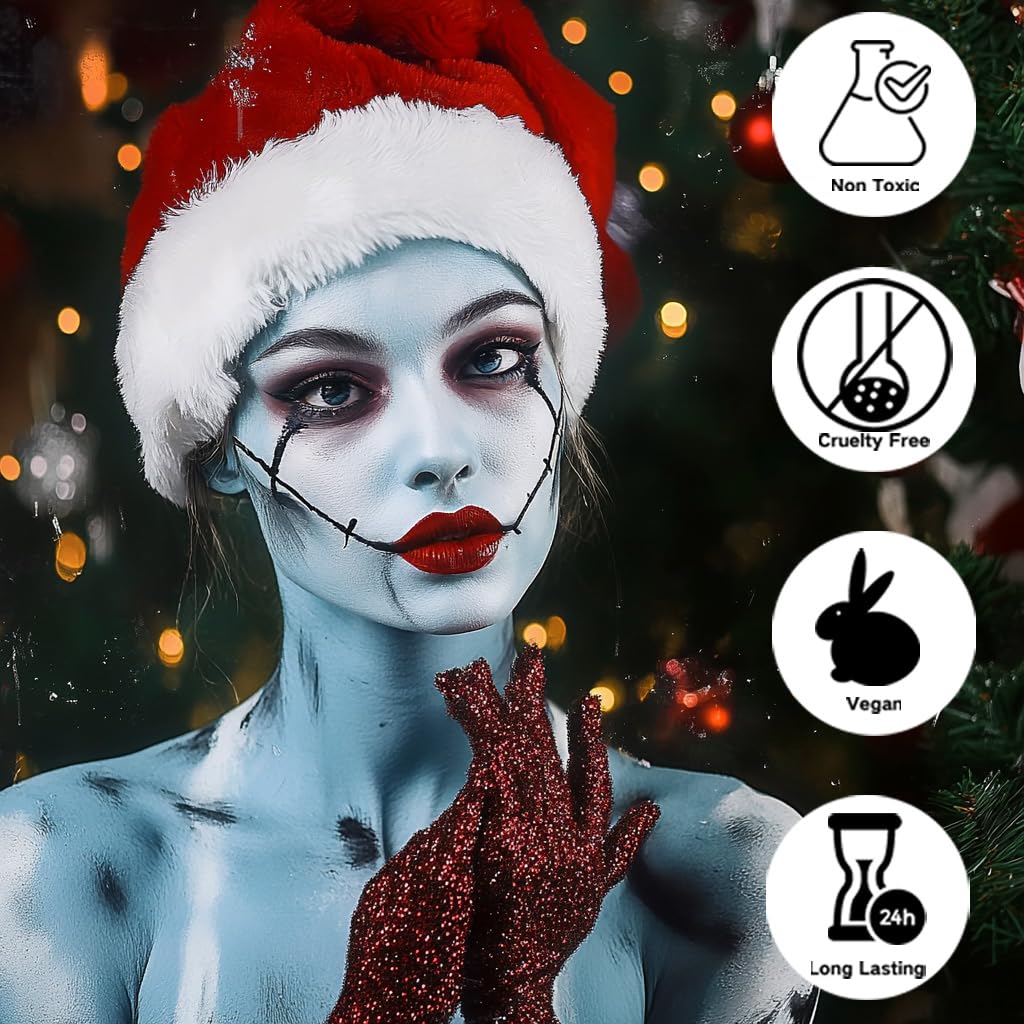 4 Pcs Sally Makeup Kit,Corpse Bride SFX Halloween Baby Blue ,Water Activated Face Paint Makeup Kit,Sally Face Costume Women Cosplay,Light Blue Body Paint+Eyeliner+Lipstick+Sponge - Image 6