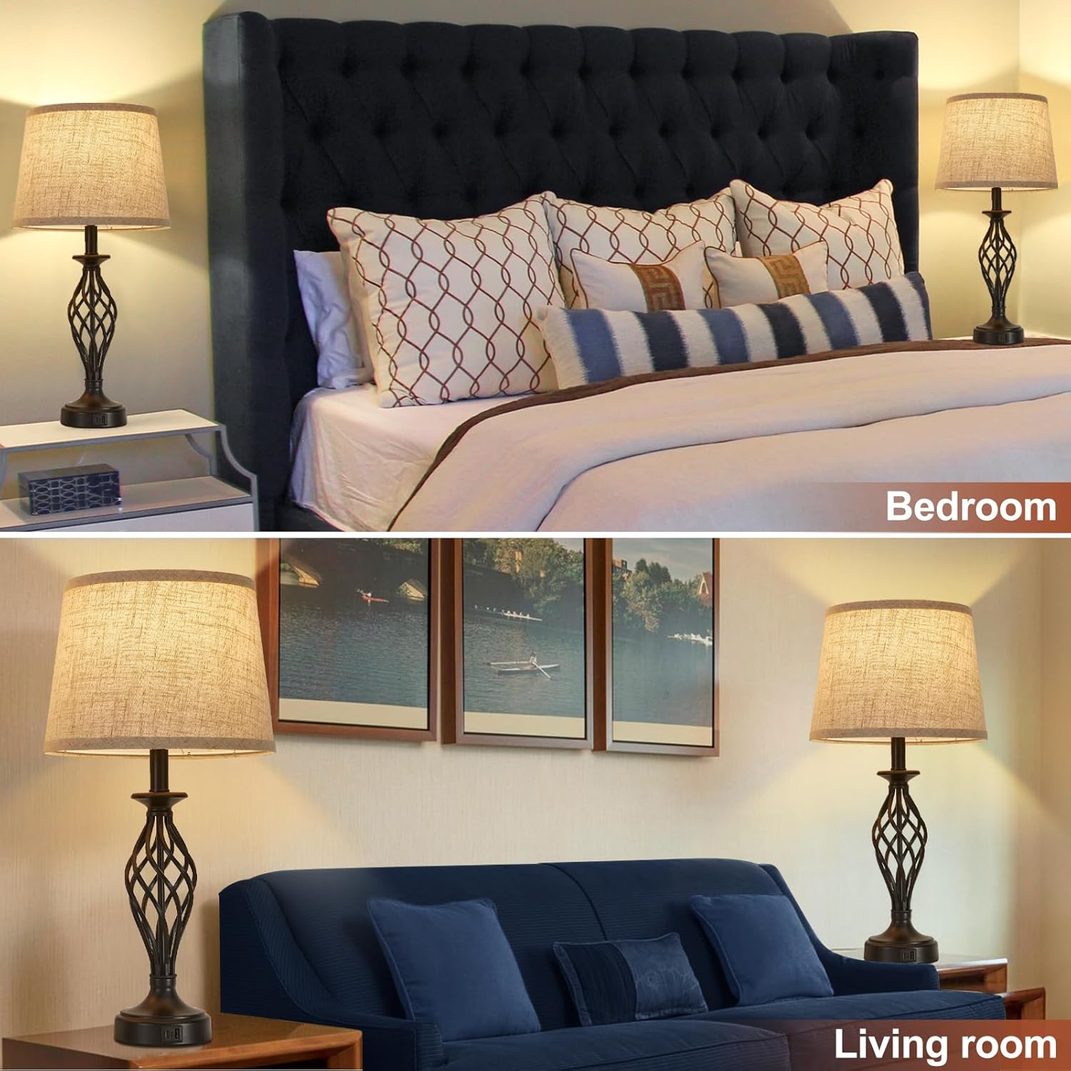 Table Lamp for Bedroom Set of 2 with USB C+A Ports, Modern Bedside Lamps with Spiral Cage Base, Fabric Shade, Nightstand Lamp for Living Room Reading Bed Side End Table, 2 LED Bulbs Included Black - Image 7