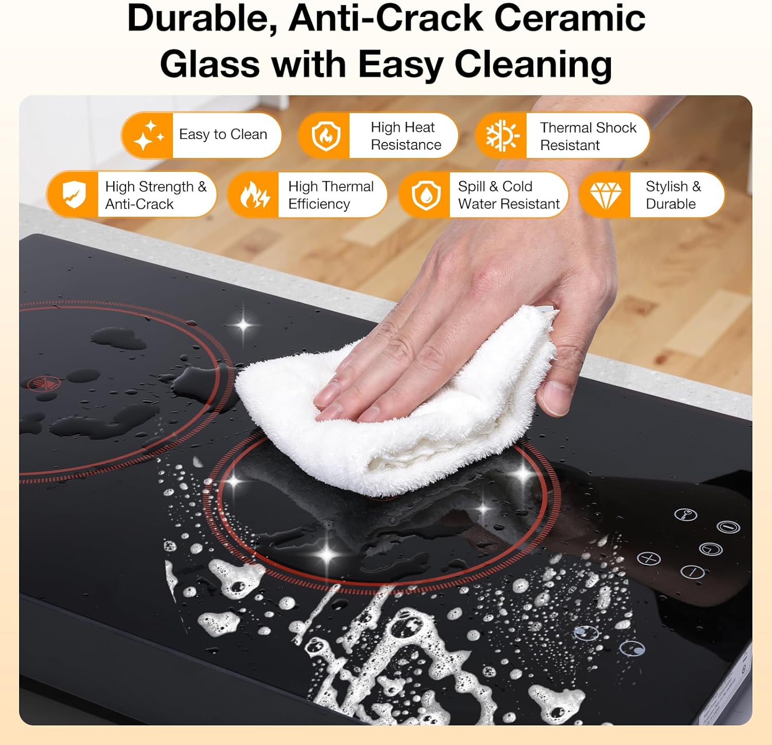 BLITZHOME Electric Stove Top 2 Burner, 12inch Electric Cooktop, Built-in Ceramic Cooktop with 9 Power Levels/Timer/Child Safety Lock/Touch Control/Overheat Protection, 220-240V, Hard Wire, No Plug - Image 8