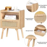 Lerliuo Rattan Nightstand, Boho Side Table with Drawer Open Shelf, Cane Accent Bedside End Table with Solid Wood Legs for Bedroom, Dorm and Small Spaces (Natural) - Image 6