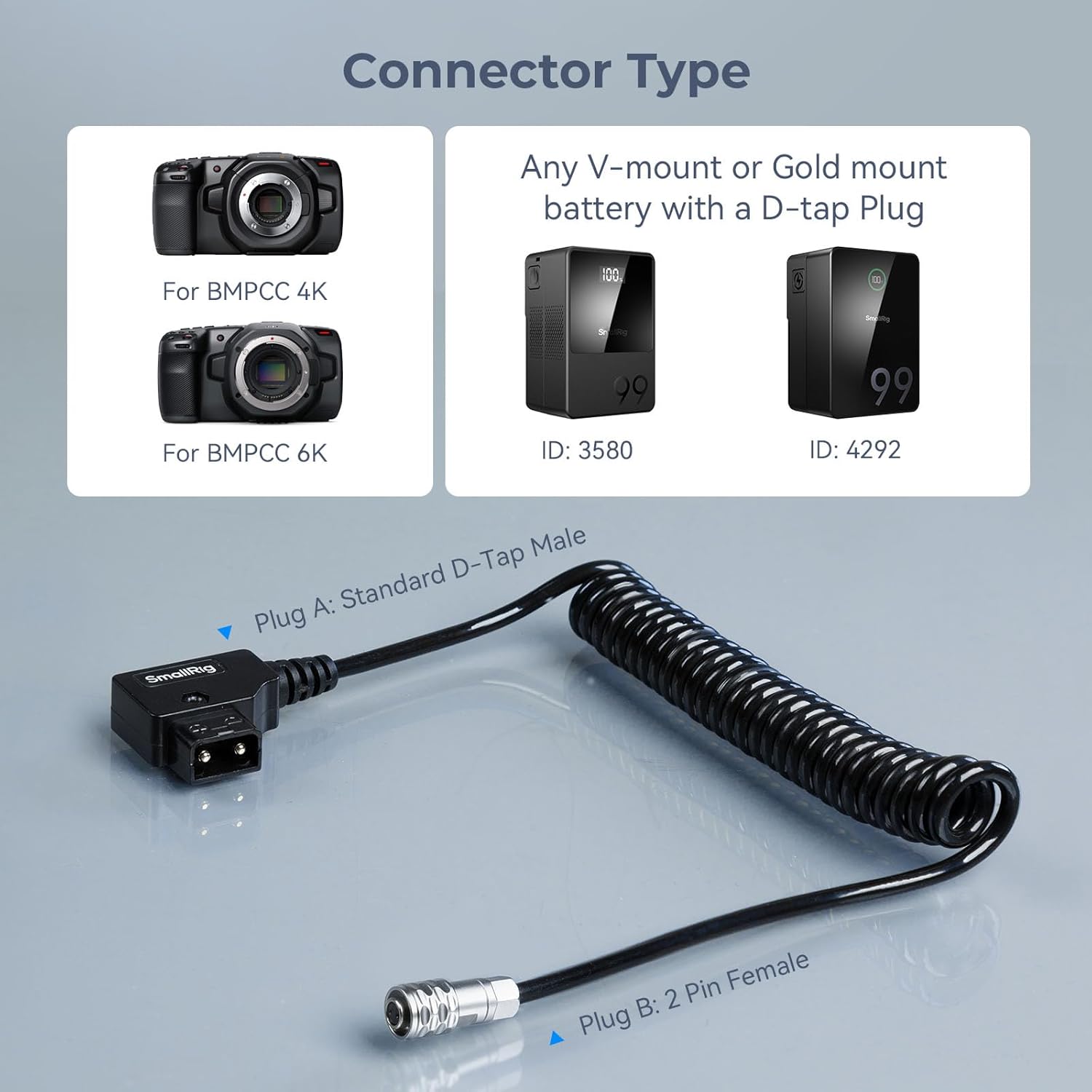 SMALLRIG D-TAP to BMPCC 4K/6K Coiled Power Cable Suitable for Blackmagic Pocket Cinema Camera 4K / 6K for V Mount Gold Mount Battery, Weipu SF6 2 Pin Female to P Tap, 15 inch - 47 inch Length - 4761 - Image 6