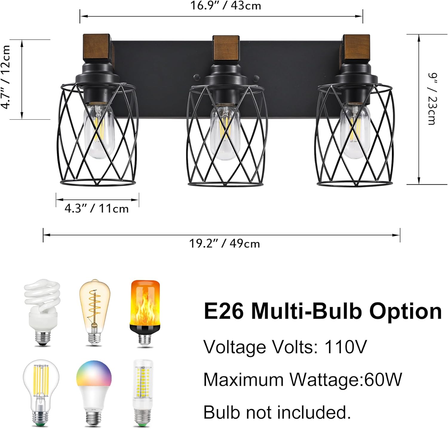 Farmhouse Bathroom Vanity Light, 3-Light Wood Bathroom Light Fixtures Over Mirror, Black Industrial Vanity Lights with Metal Shade, Rustic Bathrooms Lighting for Living Room, Bedroom, Hallway - Image 4