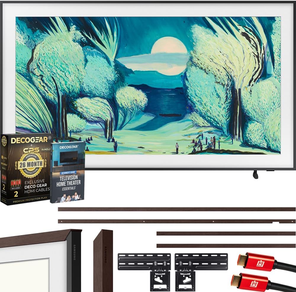 Samsung QN65LS03FA 65″ The Frame QLED 4K AI TV (2025) Bundle with Modern Brown Bezel, CPS 26 Month Protection, Slim Flat Mount, 2X HDMI Cables & Deco Gear Complete Home Theater Beginner’s Guidebook