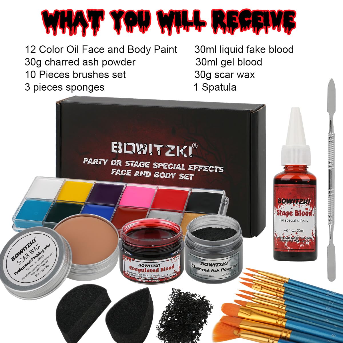 Bowitzki Halloween Makeup Special Effects Oil Face Body Paint Fake Blood Scar Wax Charred Ash Powder with Sponges Brush Halloween Party SFX Cosplay - Image 2