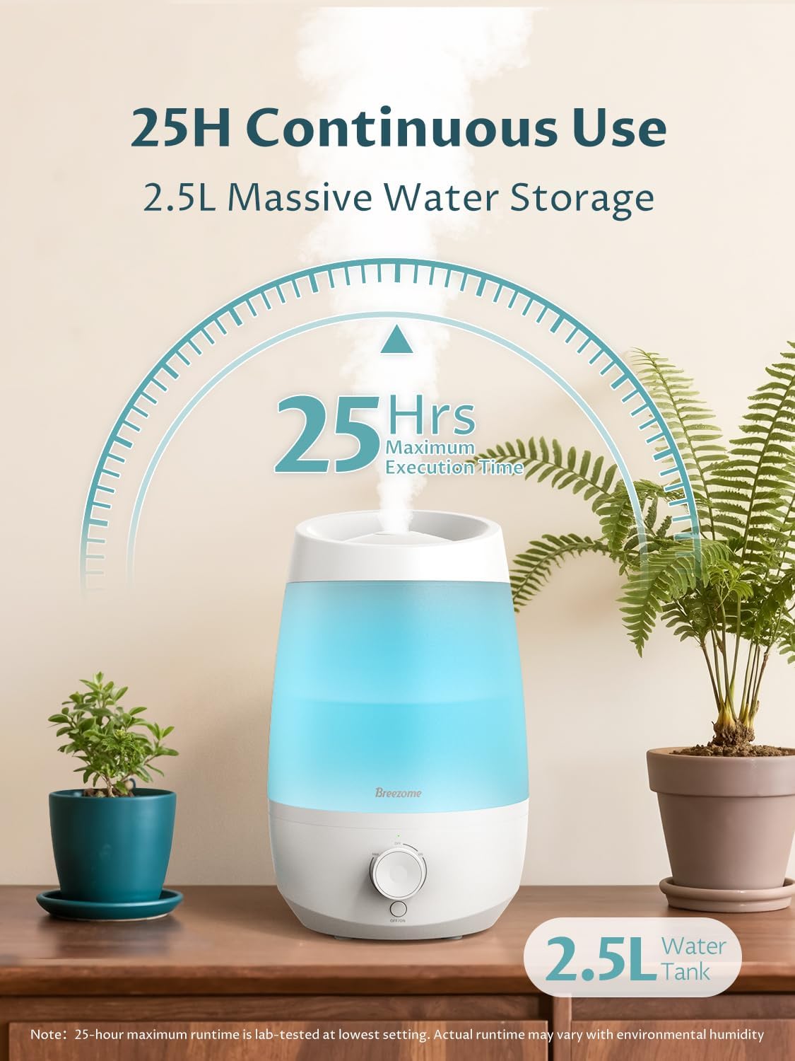 BREEZOME Humidifiers for Bedroom, 2.5L Humidifiers for home, 250ml/h Mist Output, 7 Adjustable LED,25hrs Essential Oil Diffuser, 25dB Ultra-Quiet Operation for Nurseries and Indoor Plants, White - Image 2
