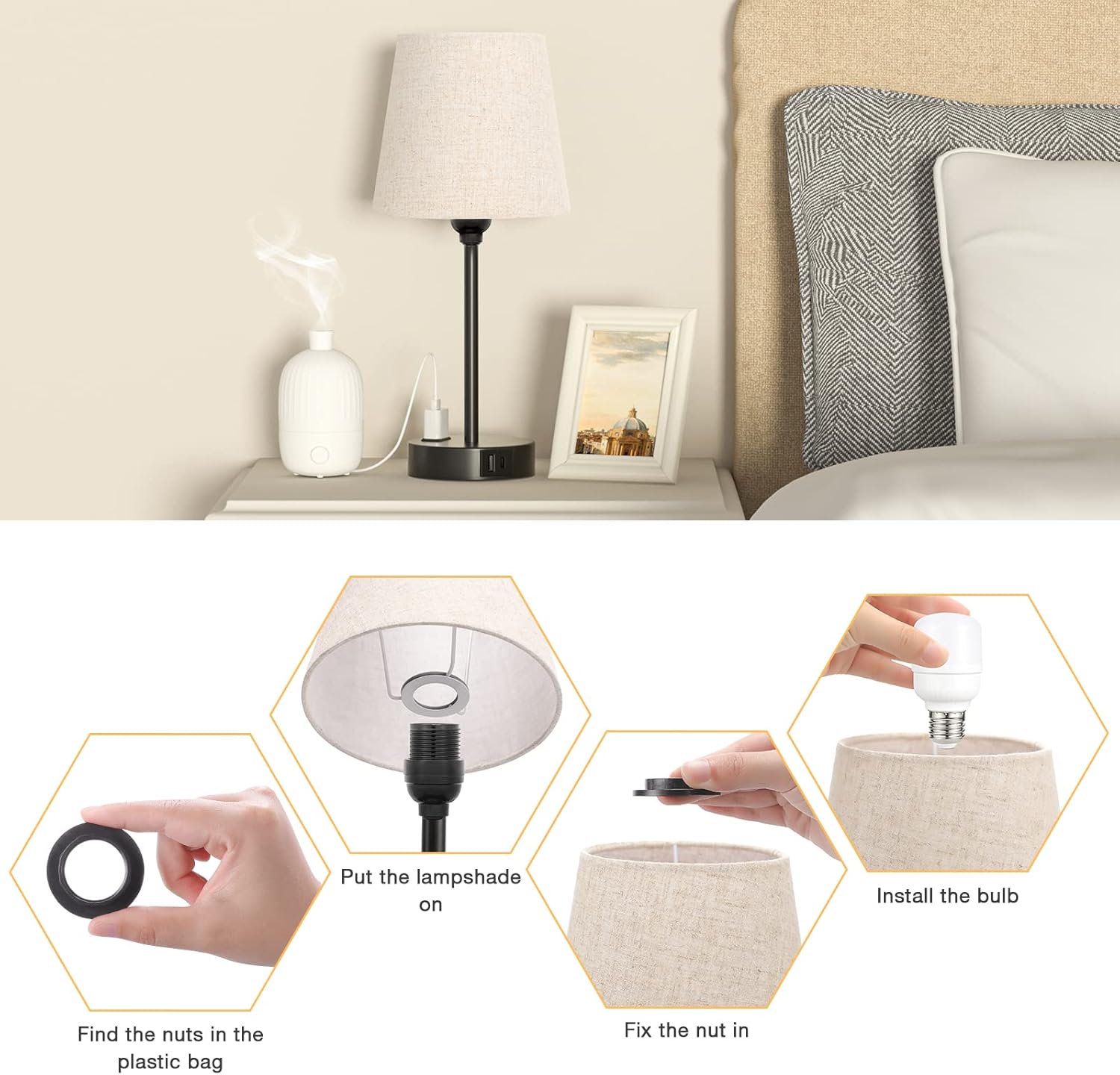 Mini Bedside Lamps for Bedrooms Set of 2 - Nightstand Bedroom Lamps with USB C Port and AC Outlet Charging, Dimmable Touch Small Bed Side Table Lamp, Black Night Stand Light for Kids/Guest Room - Image 7