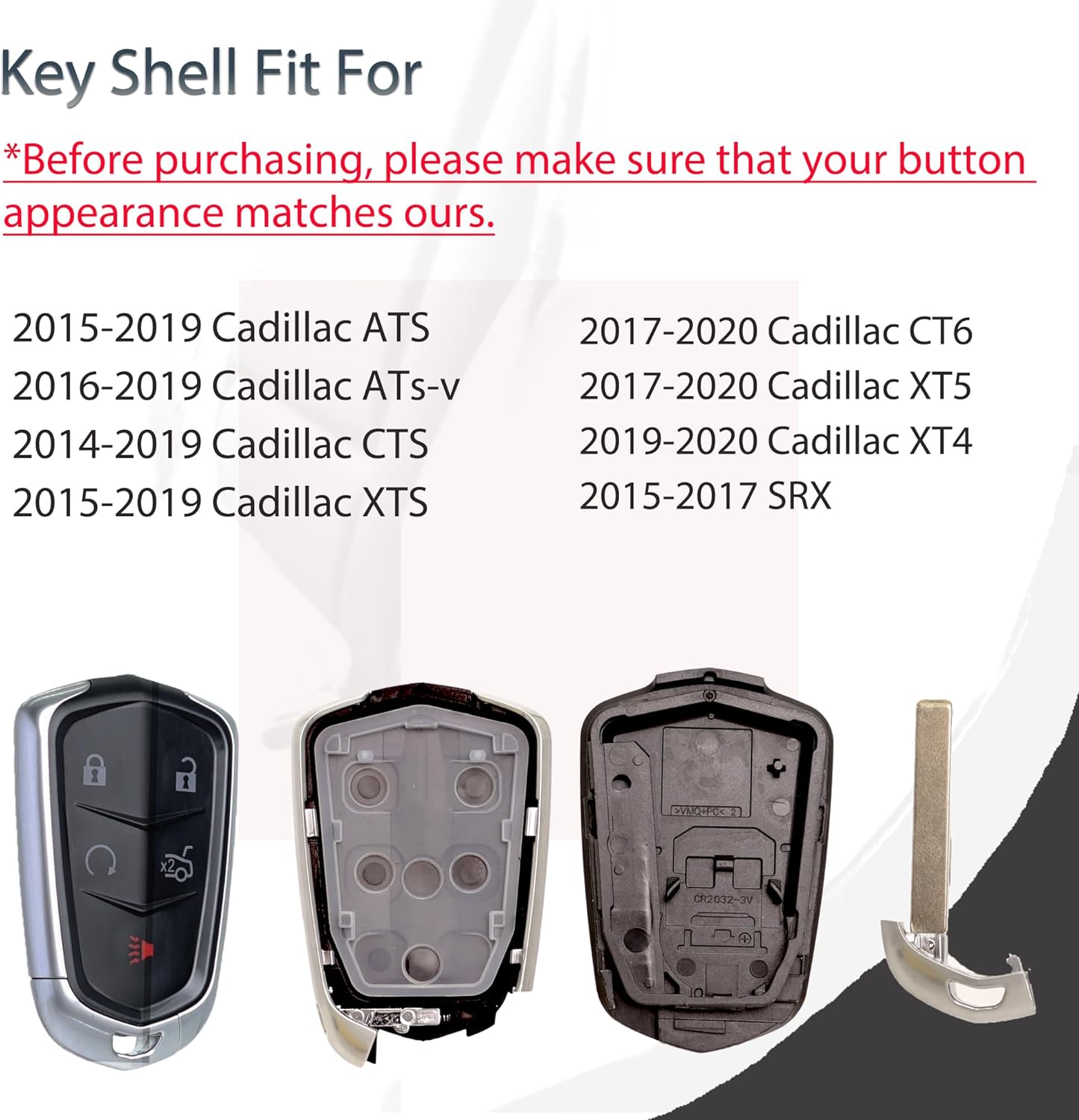 Key Fob Shell Case Replacement Fits for Cadillac ATS ATS-v CTS CT6 XTS XT5 XT4 XT6 SRX 2014 2015 2016 2017 2018 2019 2020 2021 Keyless Entry Remote Control 5btn Pad Cover - Image 3