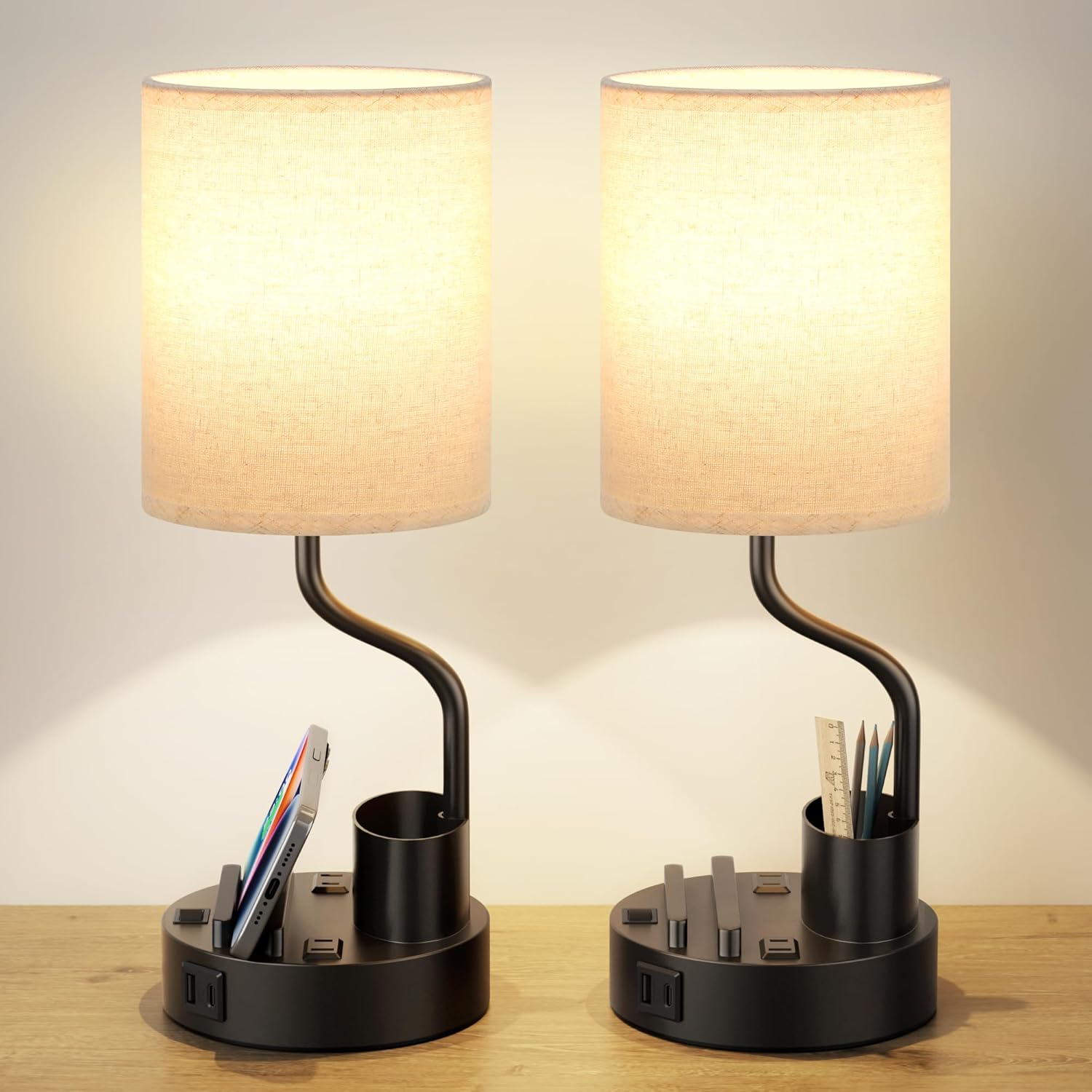 Bedside Table Lamps for Bedroom Set of 2 - Nightstand Light with AC Outlet and USB A & C for Charging, 3 Color Temperatures, Study Desk Lamp with Pen Holder & Phone Stand for Living Room/Dorm/Office - Image 9