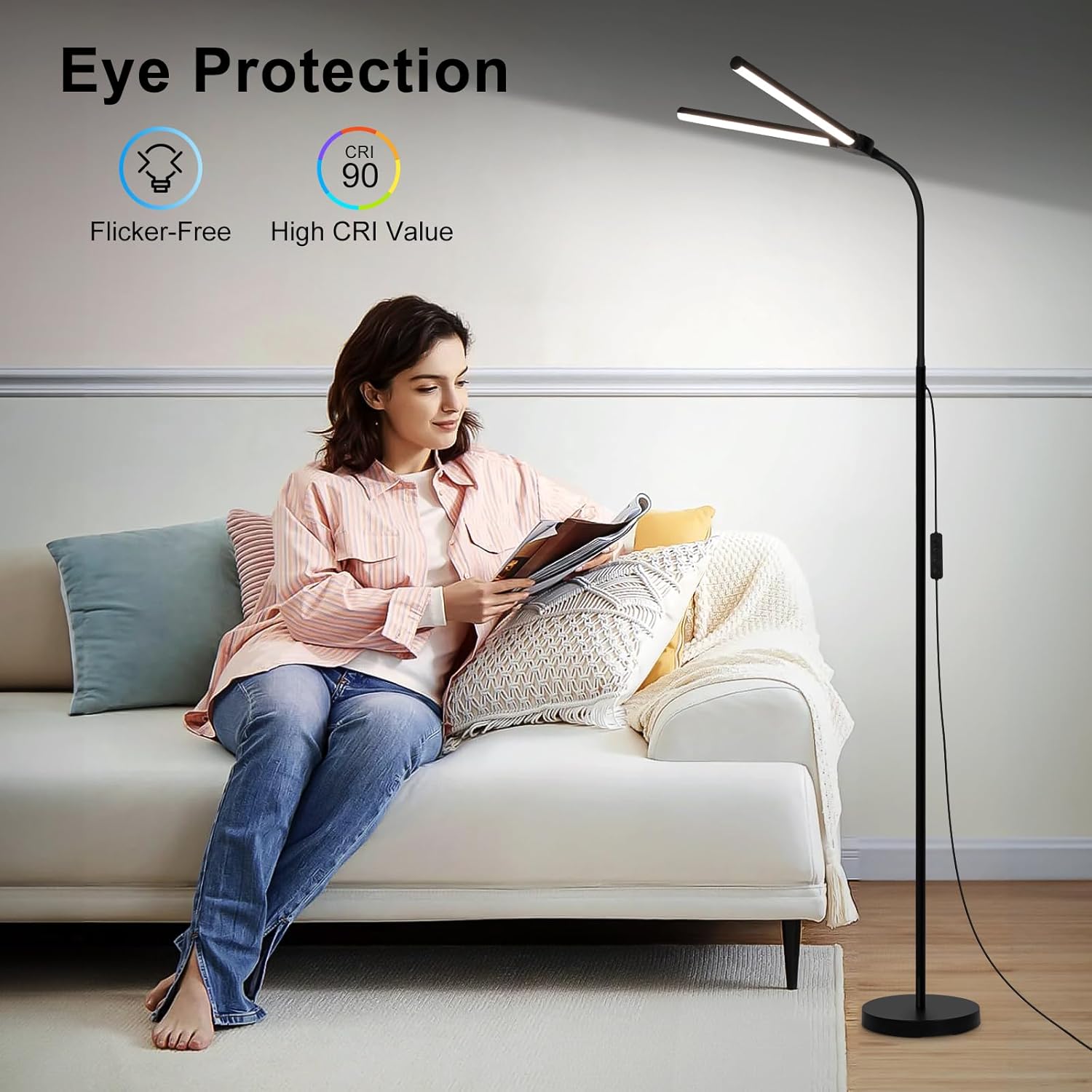 LED Floor Lamp, 15W/1800LM Bright Reading Floor Lamp for Office with Double Head, Adjustable Gooseneck Dimmable Modern Standing Light for Lash Extension Craft, Eye Caring Floor Lamps for Living Room - Image 5