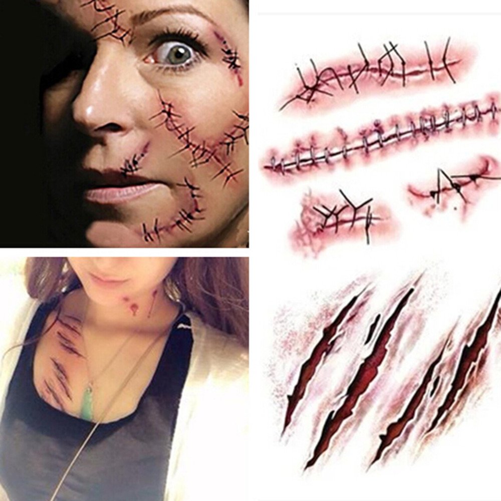 10pcs Fake Bloody Wound Stitch Scar Scab Waterproof Temporary Tattoo Sticker Halloween Masquerade Prank Makeup Props (10pcs S165) - Image 7