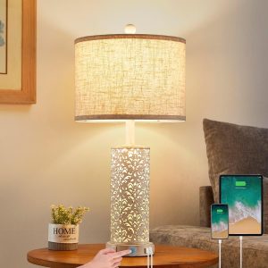 26" Farmhouse Table Lamp Dual Light, 3-Way Dimmable Touch Lamps, Rustic Nightstand Bedside Lamps with 2 USB Ports + AC Outlet, Modern Nightlight for Living Room Bedroom and Nightstand