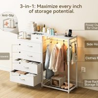 KKL 43" W White Dresser for Bedroom with Hanging Rack, Reversible 6 Drawers Dresser with Led Lights & Charging Station, Fabric Closet Dressers & Chest of Drawers with Clothes Rack for Girls, Kids - Image 4