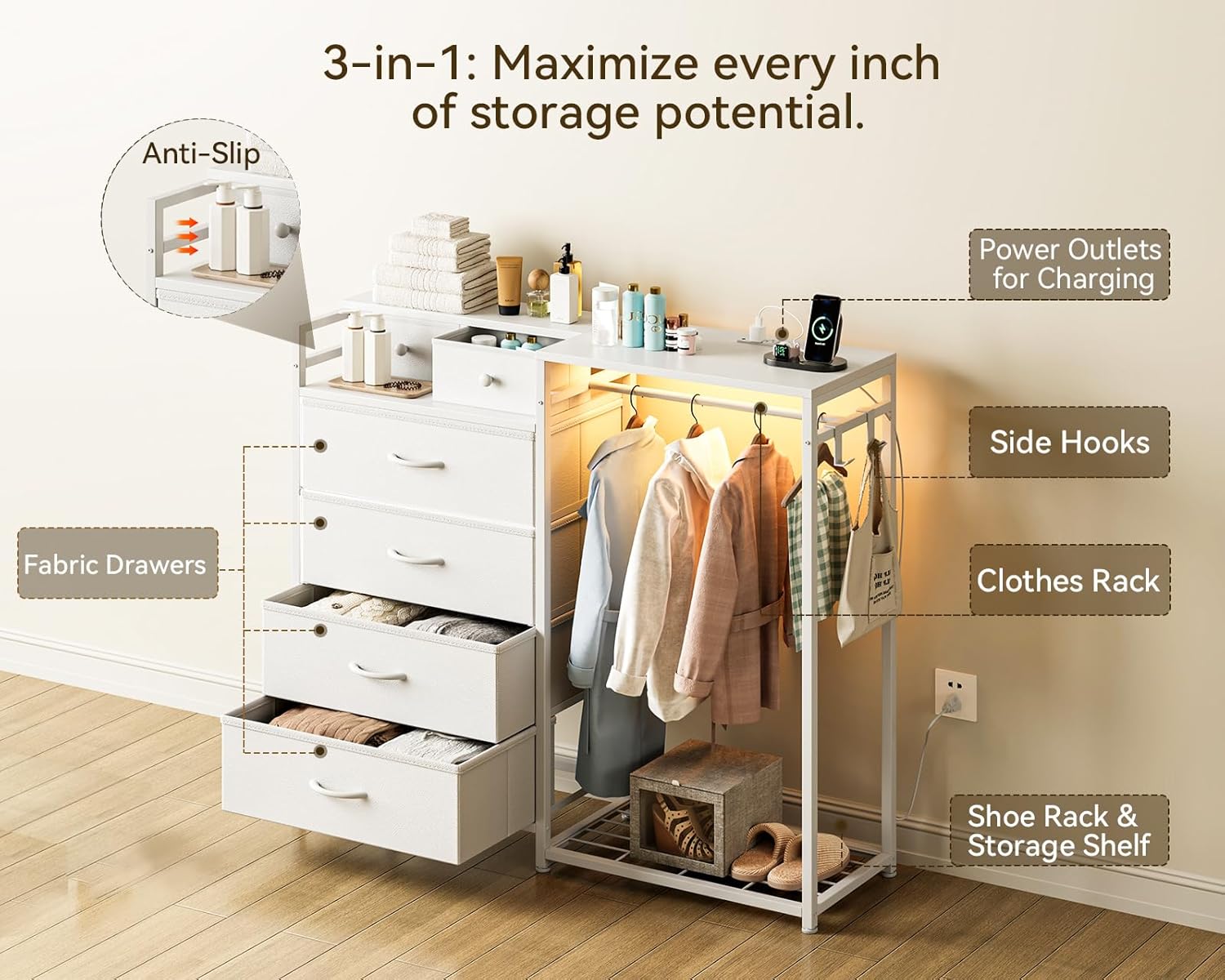 KKL 43" W White Dresser for Bedroom with Hanging Rack, Reversible 6 Drawers Dresser with Led Lights & Charging Station, Fabric Closet Dressers & Chest of Drawers with Clothes Rack for Girls, Kids - Image 4