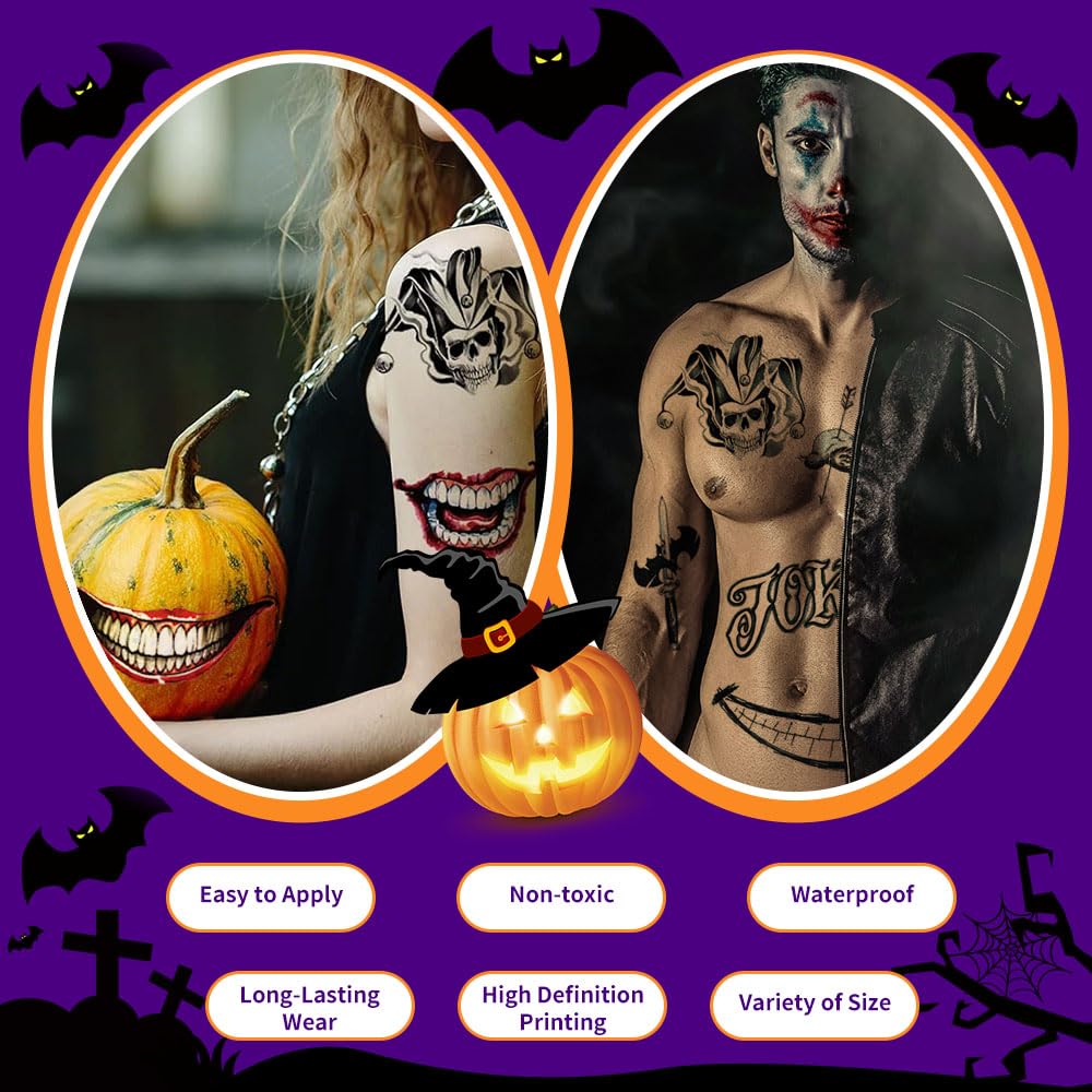 3 Sheets Joker Tattoos, Large-Size Halloween Temp Tattoo for Men, Realistic Waterproof Last-Long Fake Stickers for Suicide Squad Clown HQ Costume Cosplay Party Accessories Masquerade Makeup - Image 4