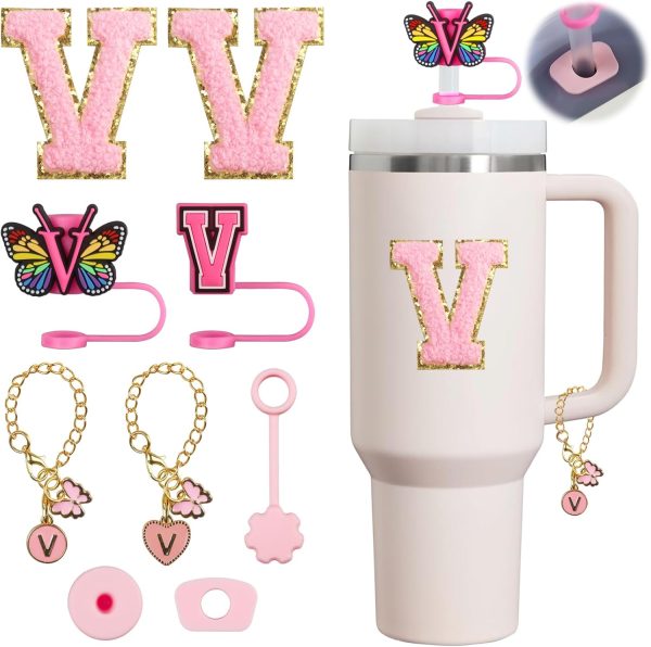 XIANGYUAN 9pcs Cup Accessories Set,Straw Cover Cap for Stanley 30oz,40oz,Sticker for Stanley Decorations,Initial Letter Charm Personalized(Letter V)