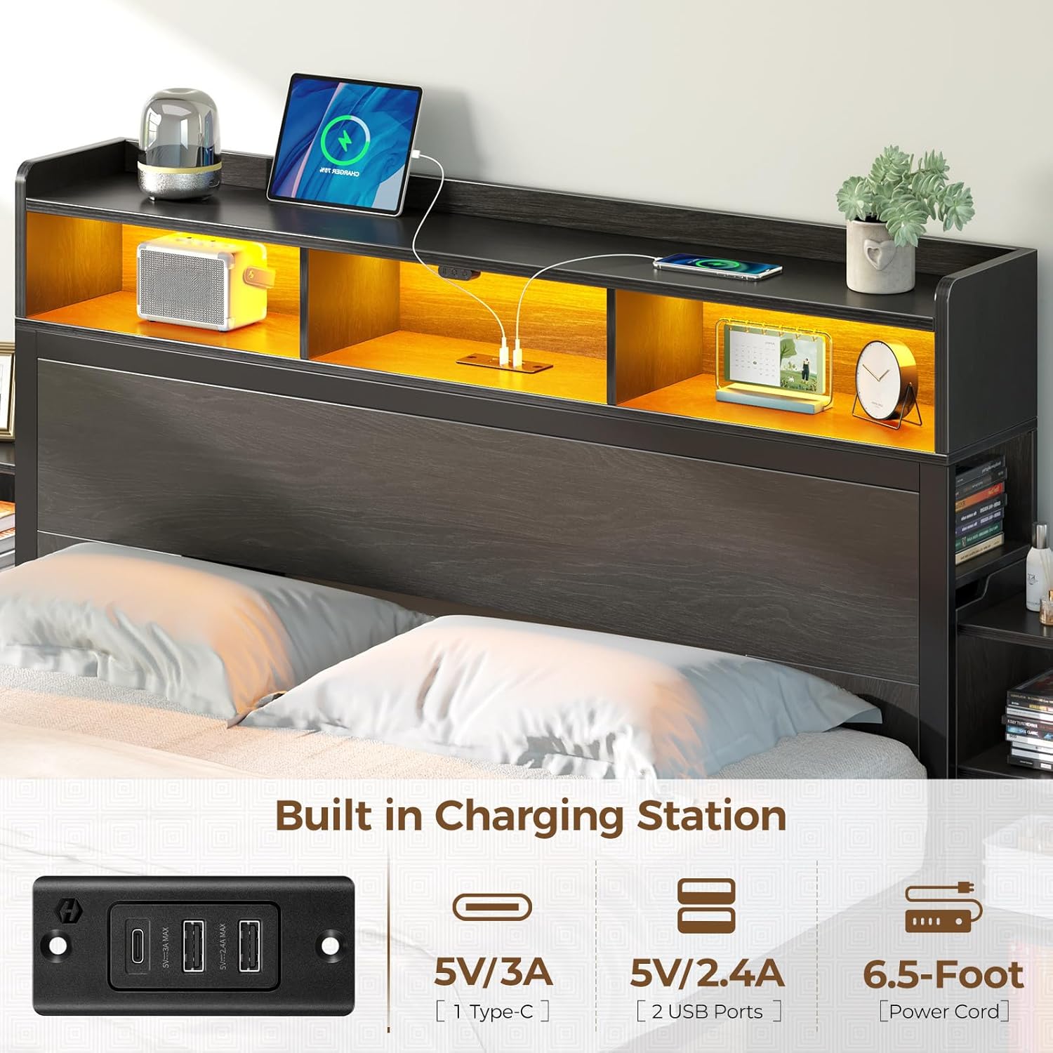 Rolanstar Bed Frame Queen Size with Bookcase Storage Headboard, Slide Out Bedside Storage, Bed with Charging Station & LED Lights, Heavy Duty Metal Slats, No Box Spring Needed, Noise Free, Black - Image 6