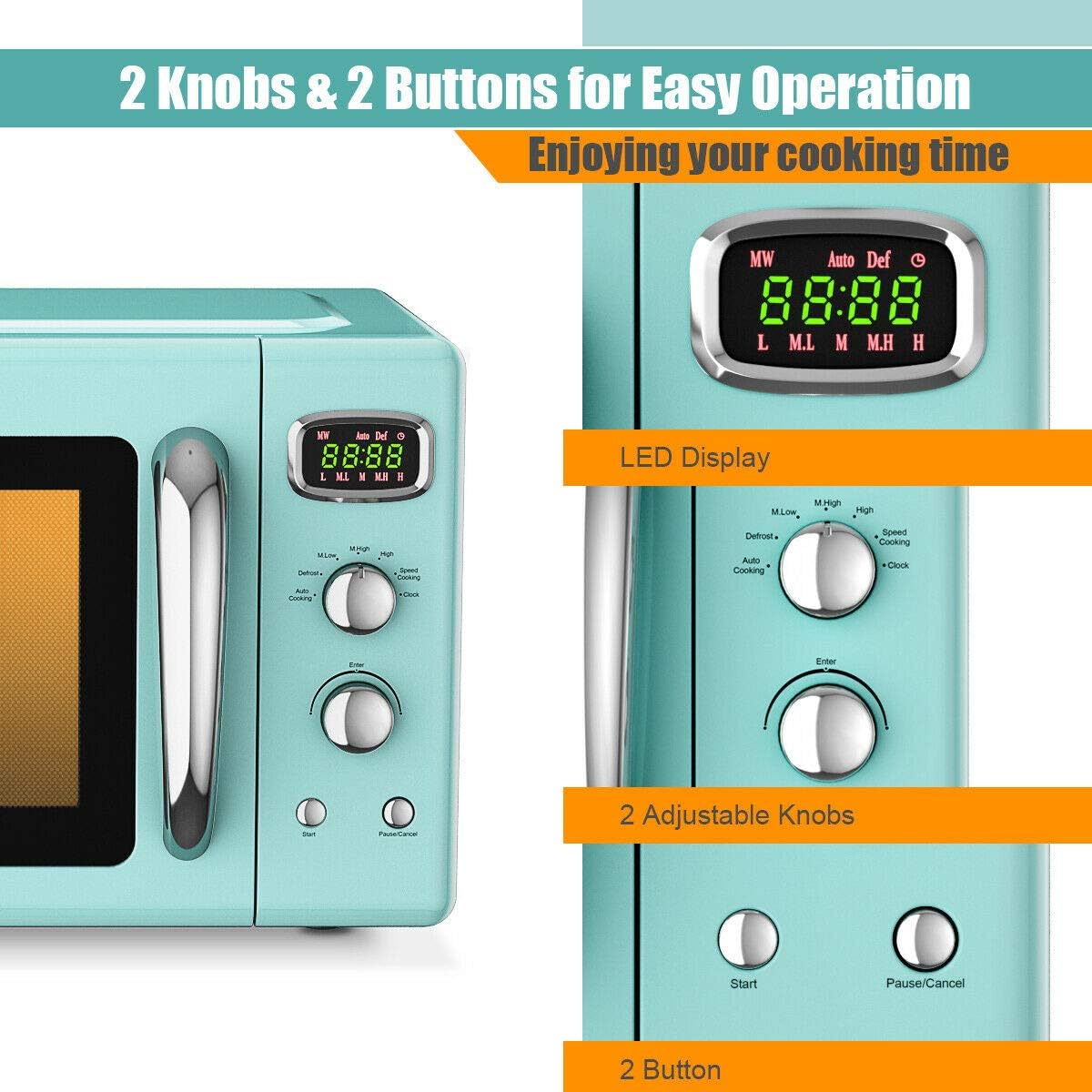 COSTWAY Retro Countertop Microwave Oven, 0.9Cu.ft, 900W Microwave Oven, with 5 Micro Power, Defrost & Auto Cooking Function, LED Display, Glass Turntable and Viewing Window, Child Lock - Image 6