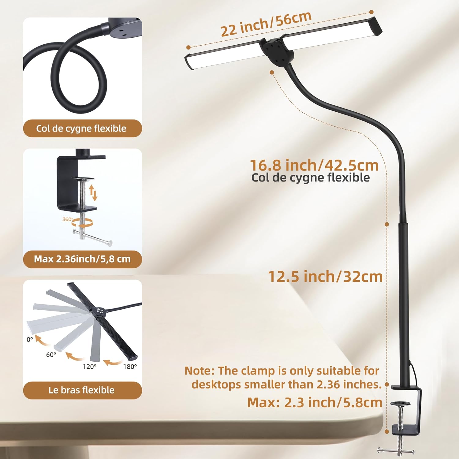 Led Desk Lamp for Home Office, Eye-Care Architect Light with Clamp, Smart Double Head Computer Monitor Table Clip Lamp, Adjustable Flexible Gooseneck, 25 Lighting Models, Task Lamp, Black - Image 2