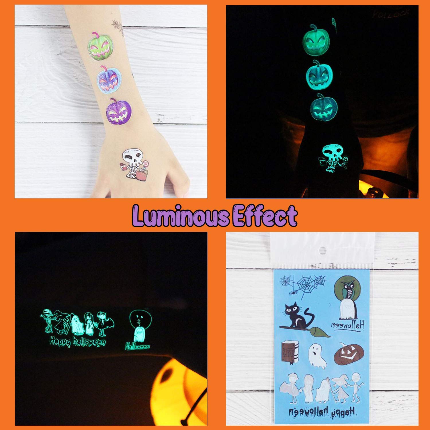 Partywind 10 Sheets Luminous Halloween Temporary Tattoos for Kids, Glow Halloween Decorations Birthday Party Favors Supplies, Halloween Fake Tattoos Goodie Bag Fillers Games Accessories for Party - Image 4
