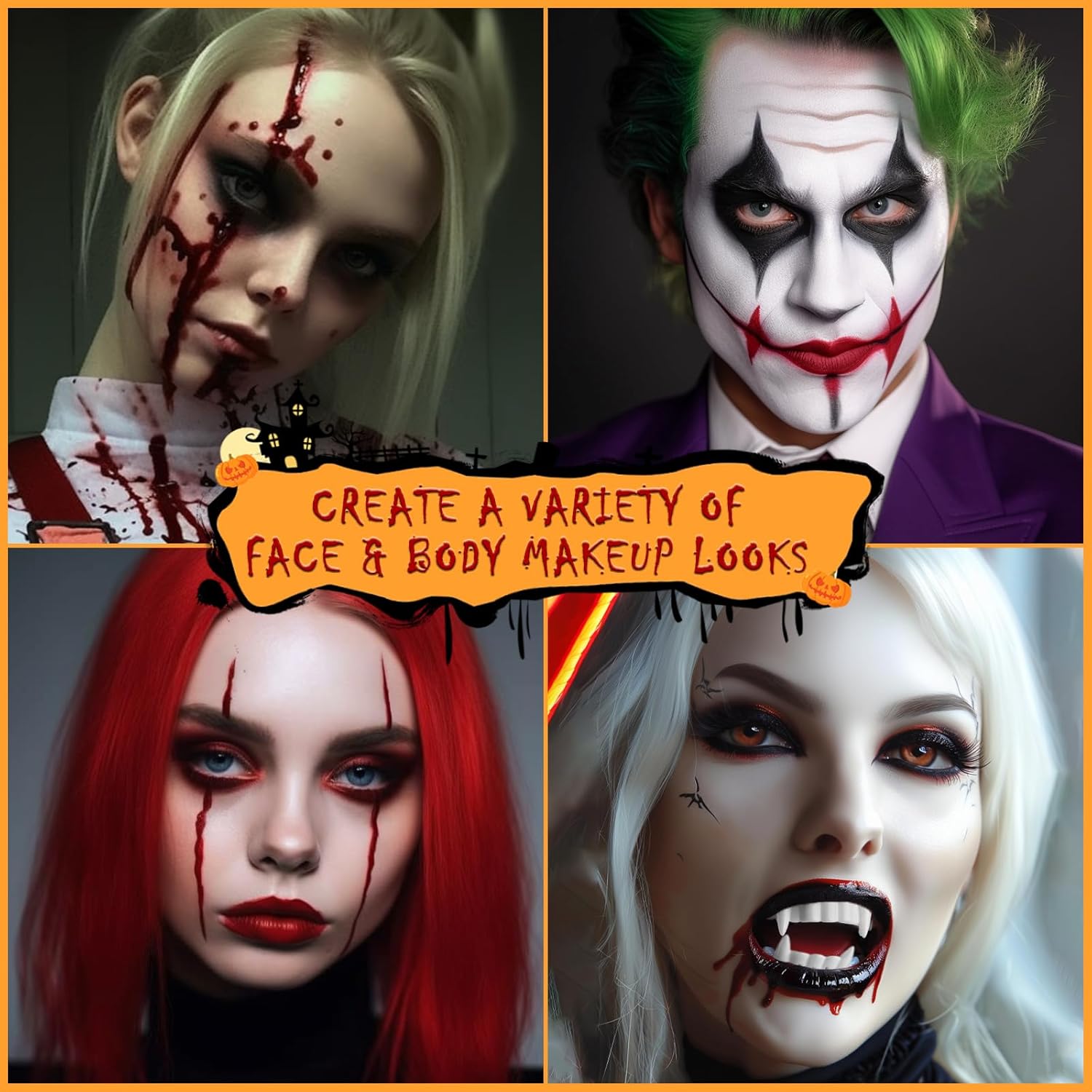 BOBISUKA Halloween Vampire Makeup Kit with White Face & Body Paint, Fake Blood, Black and Red Face Paint Crayon and Fake Teeth SFX Makeup Set for Zombie Wounds Clown Cosplay Special Effects Makeup - Image 7